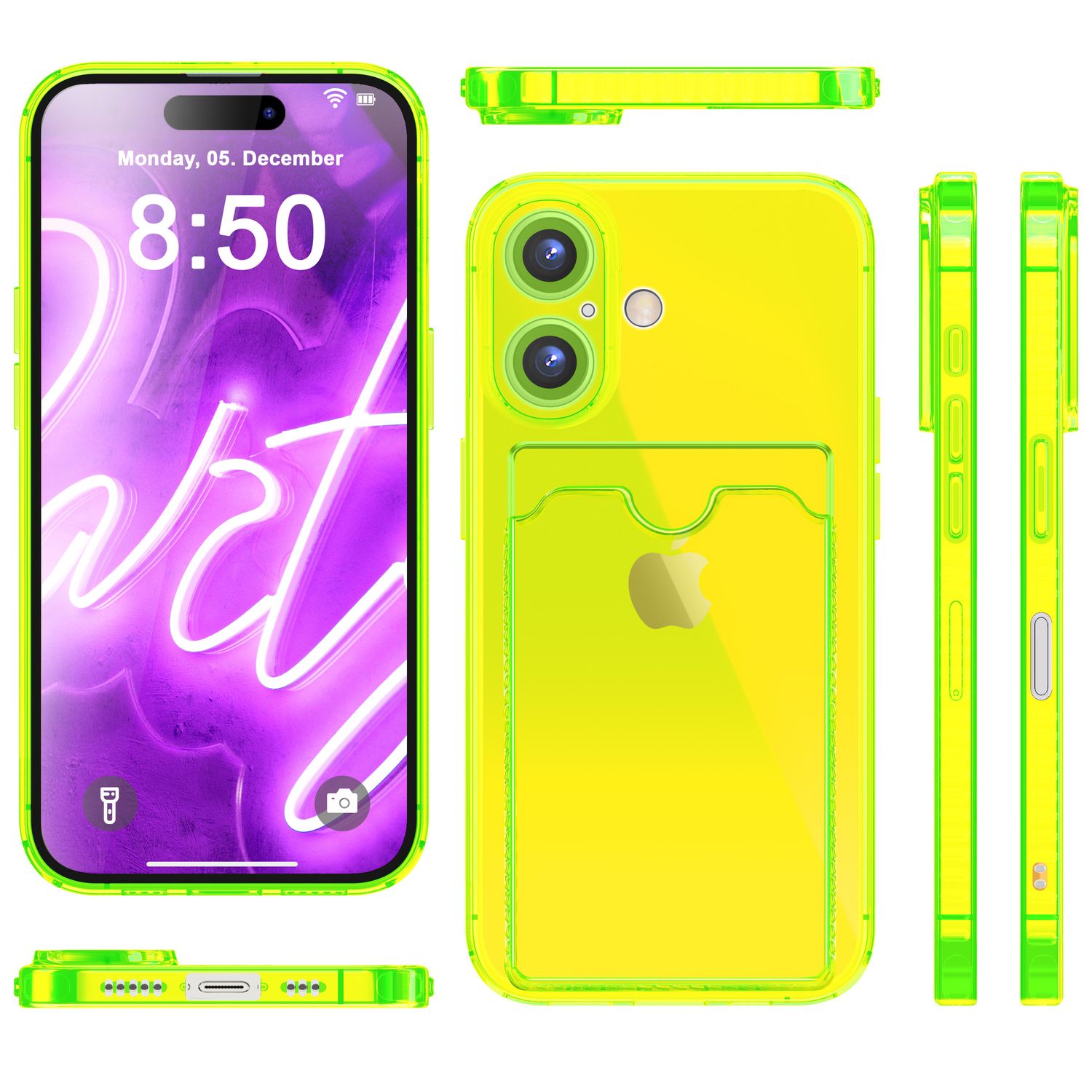 NALIA Klare Neon Hülle mit Kartenhalter für iPhone 16, Bunte Handyhülle mit Kartenfach, Durchsichtiges Silikon Gelb NALIA Neon Hülle