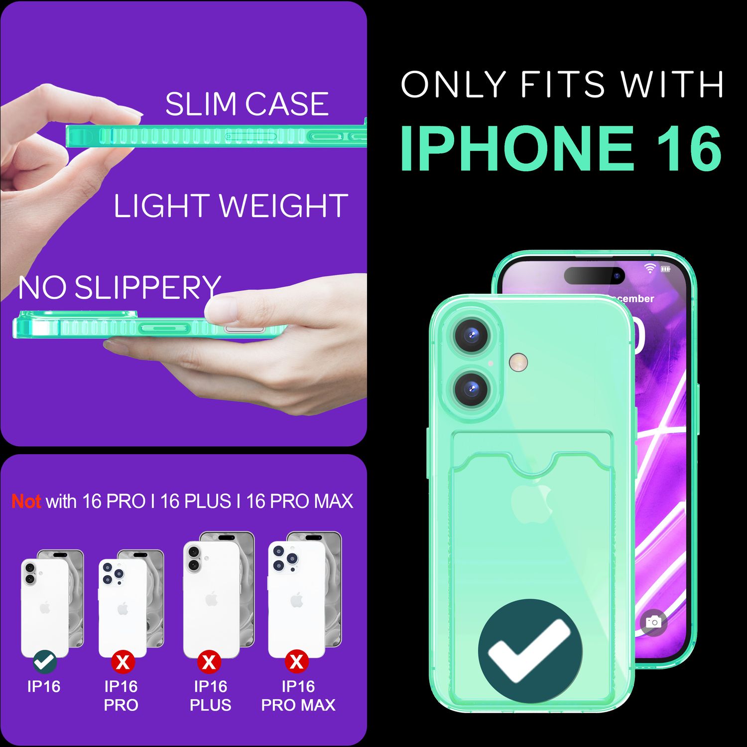 NALIA Klare Neon Hülle mit Kartenhalter für iPhone 16, Bunte Handyhülle mit Kartenfach, Durchsichtiges Silikon Türkis NALIA Neon Hülle