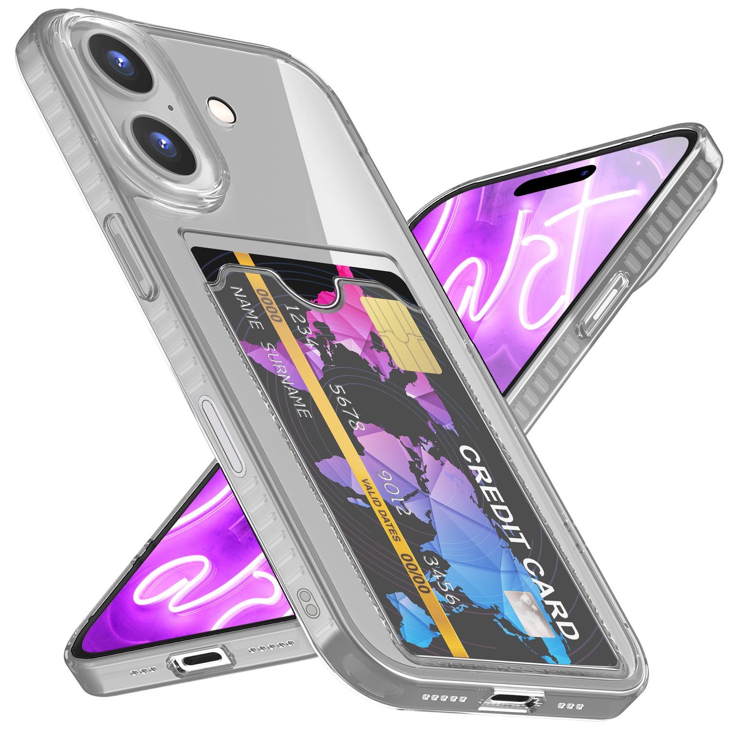 NALIA Klare Neon Hülle mit Kartenhalter für iPhone 16, Bunte Handyhülle mit Kartenfach, Durchsichtiges Silikon Grau NALIA Neon Hülle