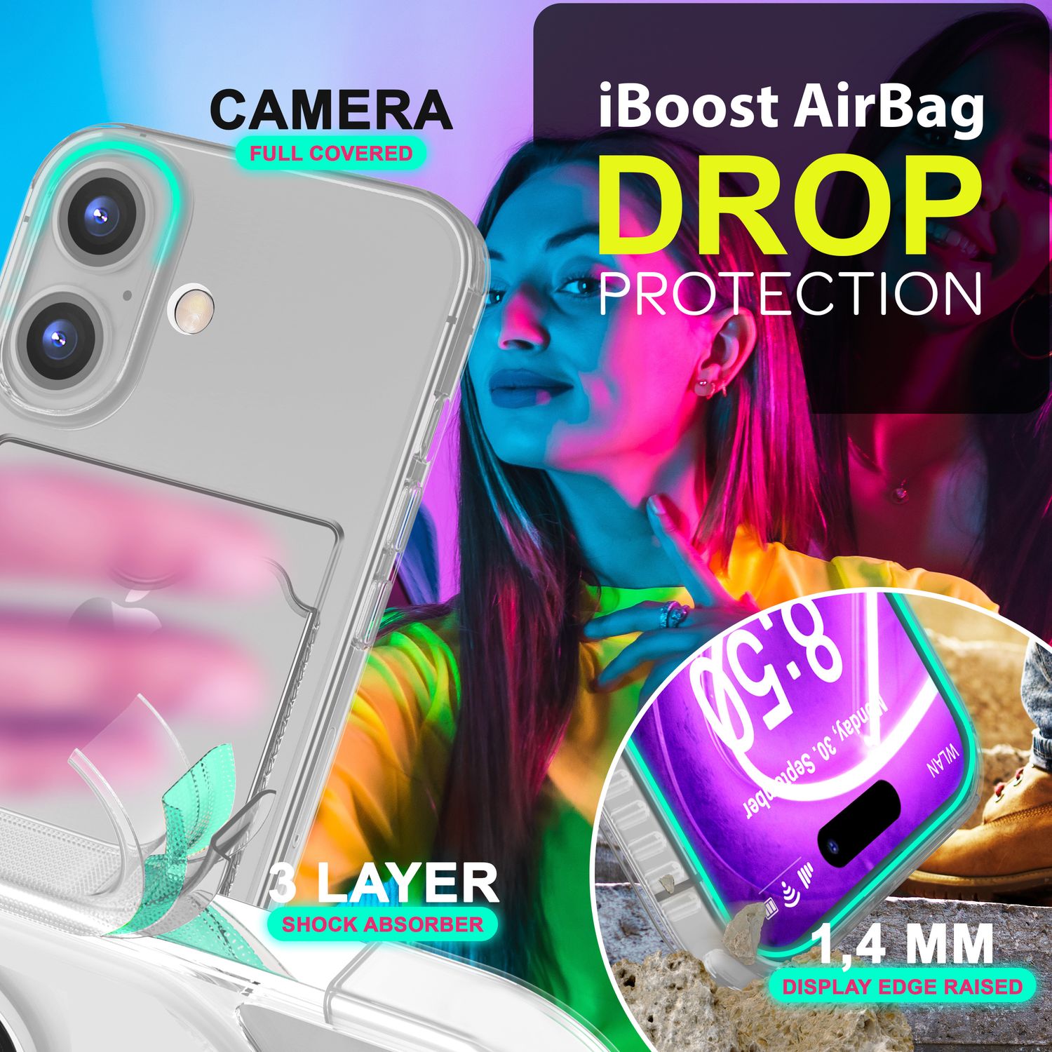 NALIA Klare Neon Hülle mit Kartenhalter für iPhone 16, Bunte Handyhülle mit Kartenfach, Durchsichtiges Silikon Grau NALIA Neon Hülle