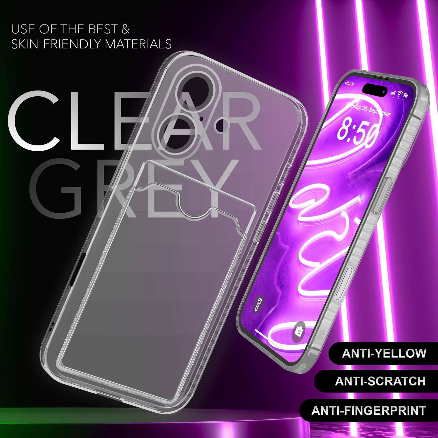NALIA Klare Neon Hülle mit Kartenhalter für iPhone 16, Bunte Handyhülle mit Kartenfach, Durchsichtiges Silikon Grau NALIA Neon Hülle
