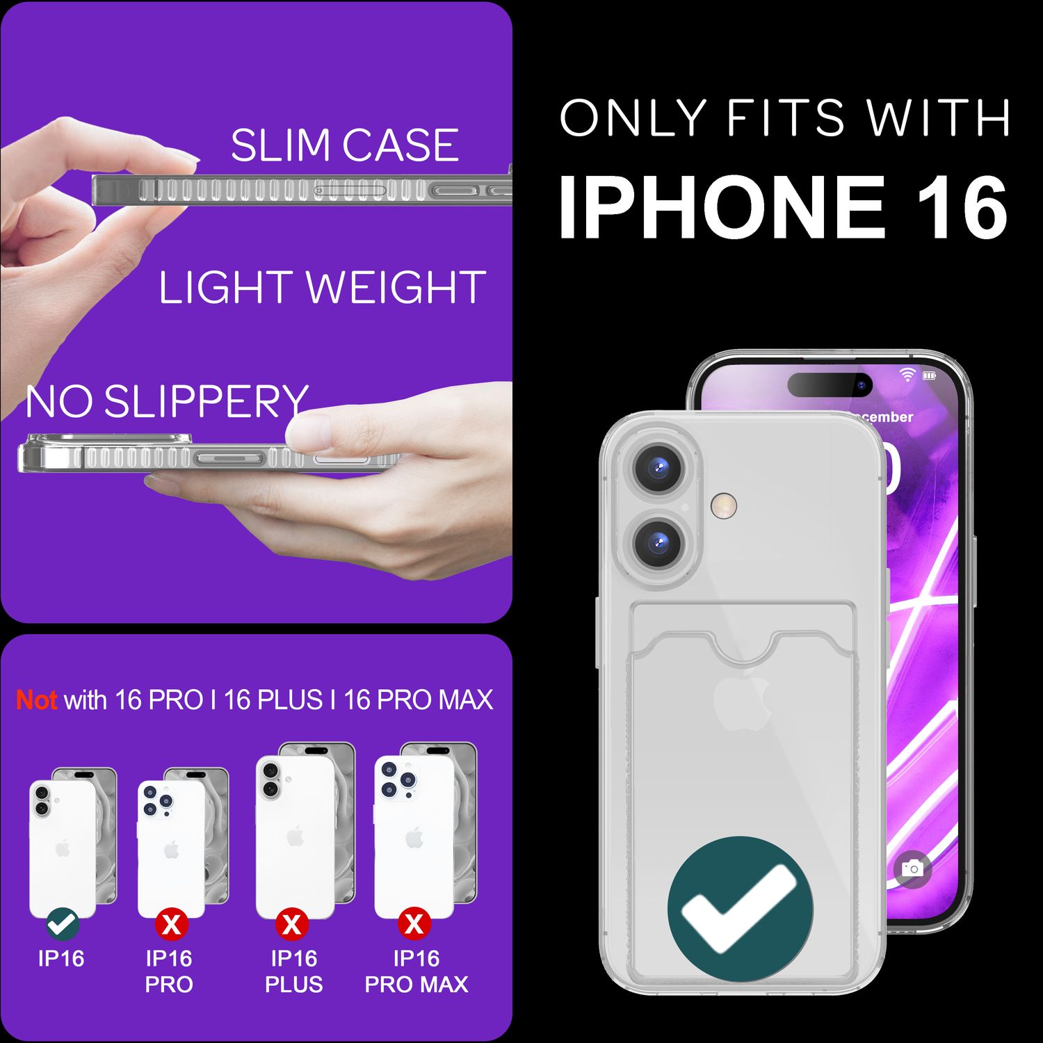 NALIA Klare Neon Hülle mit Kartenhalter für iPhone 16, Bunte Handyhülle mit Kartenfach, Durchsichtiges Silikon Grau NALIA Neon Hülle