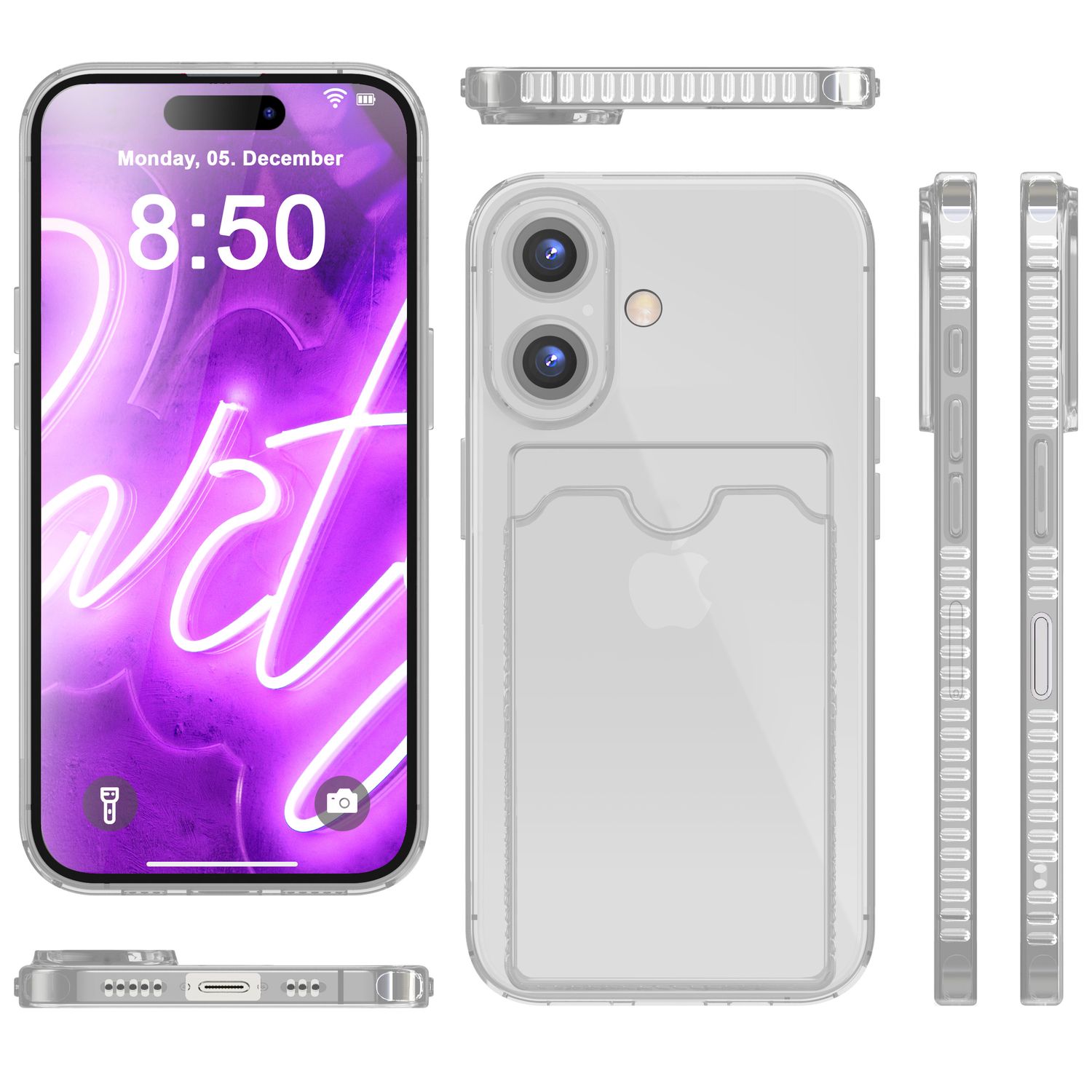 NALIA Klare Neon Hülle mit Kartenhalter für iPhone 16, Bunte Handyhülle mit Kartenfach, Durchsichtiges Silikon Grau NALIA Neon Hülle