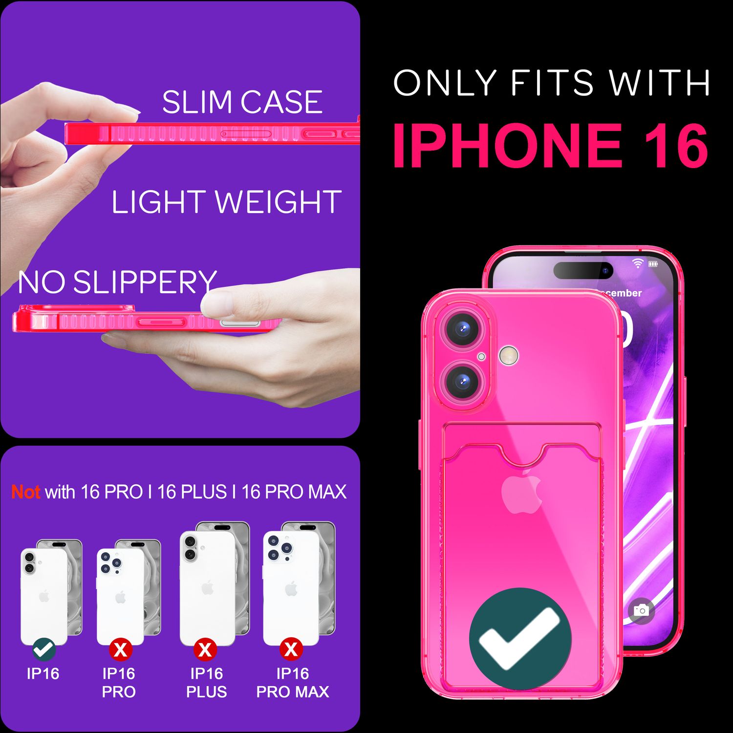 NALIA Klare Neon Hülle mit Kartenhalter für iPhone 16, Bunte Handyhülle mit Kartenfach, Durchsichtiges Silikon Pink NALIA Neon Hülle