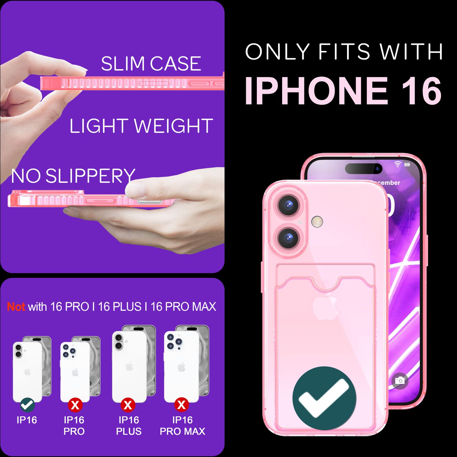 NALIA Klare Neon Hülle mit Kartenhalter für iPhone 16, Bunte Handyhülle mit Kartenfach, Durchsichtiges Silikon Rosa NALIA Neon Hülle