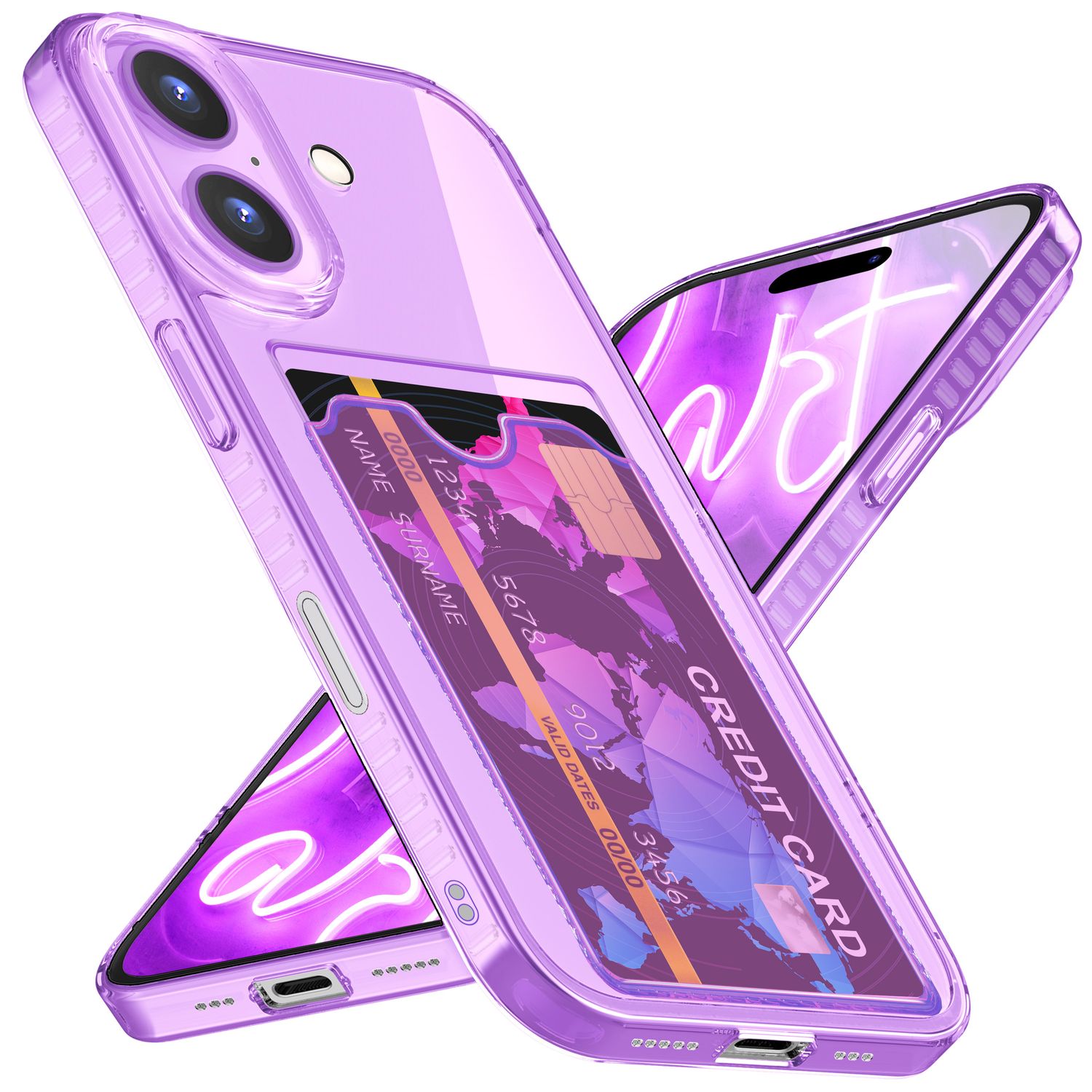 NALIA Klare Neon Hülle mit Kartenhalter für iPhone 16, Bunte Handyhülle mit Kartenfach, Durchsichtiges Silikon Lila NALIA Neon Hülle
