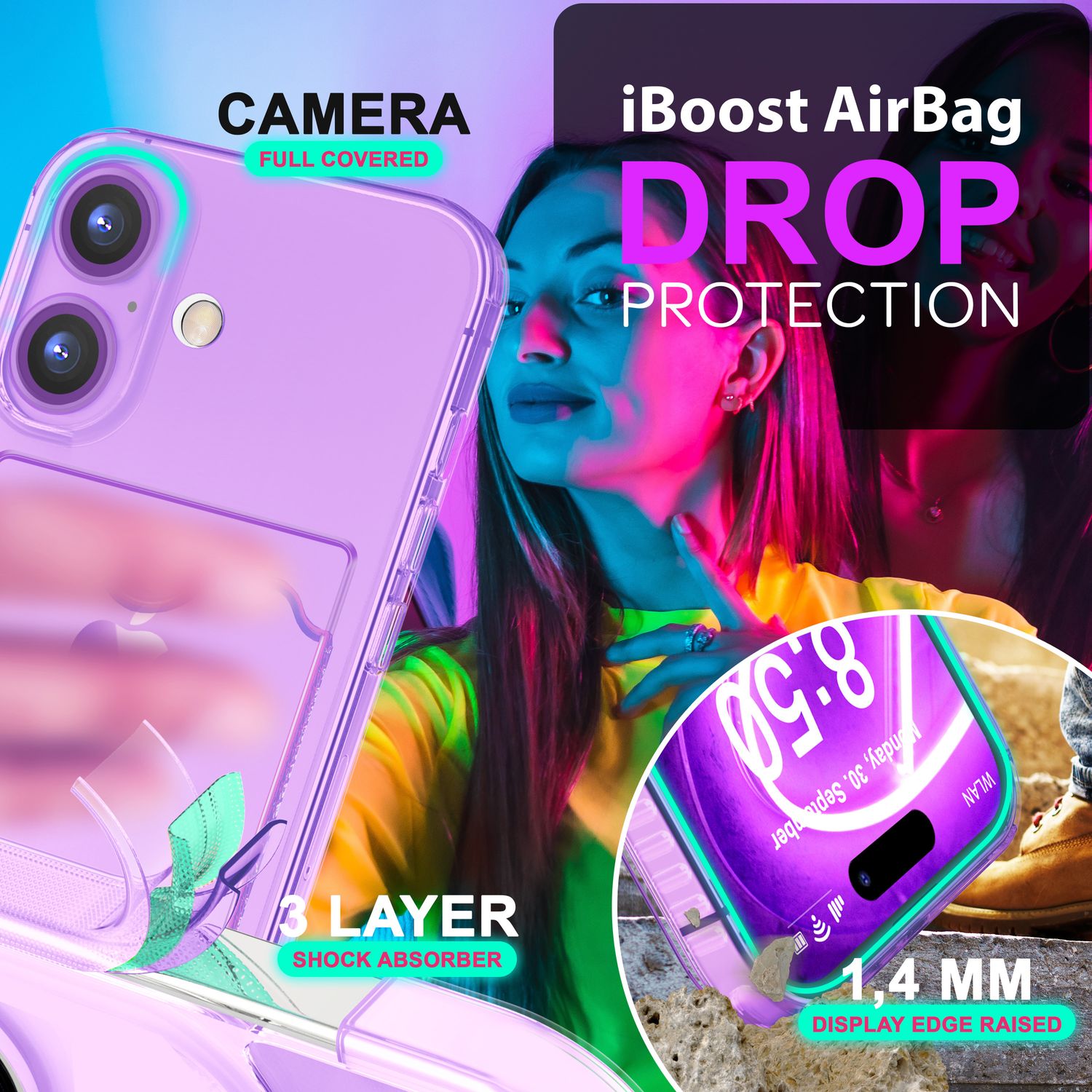 NALIA Klare Neon Hülle mit Kartenhalter für iPhone 16, Bunte Handyhülle mit Kartenfach, Durchsichtiges Silikon Lila NALIA Neon Hülle