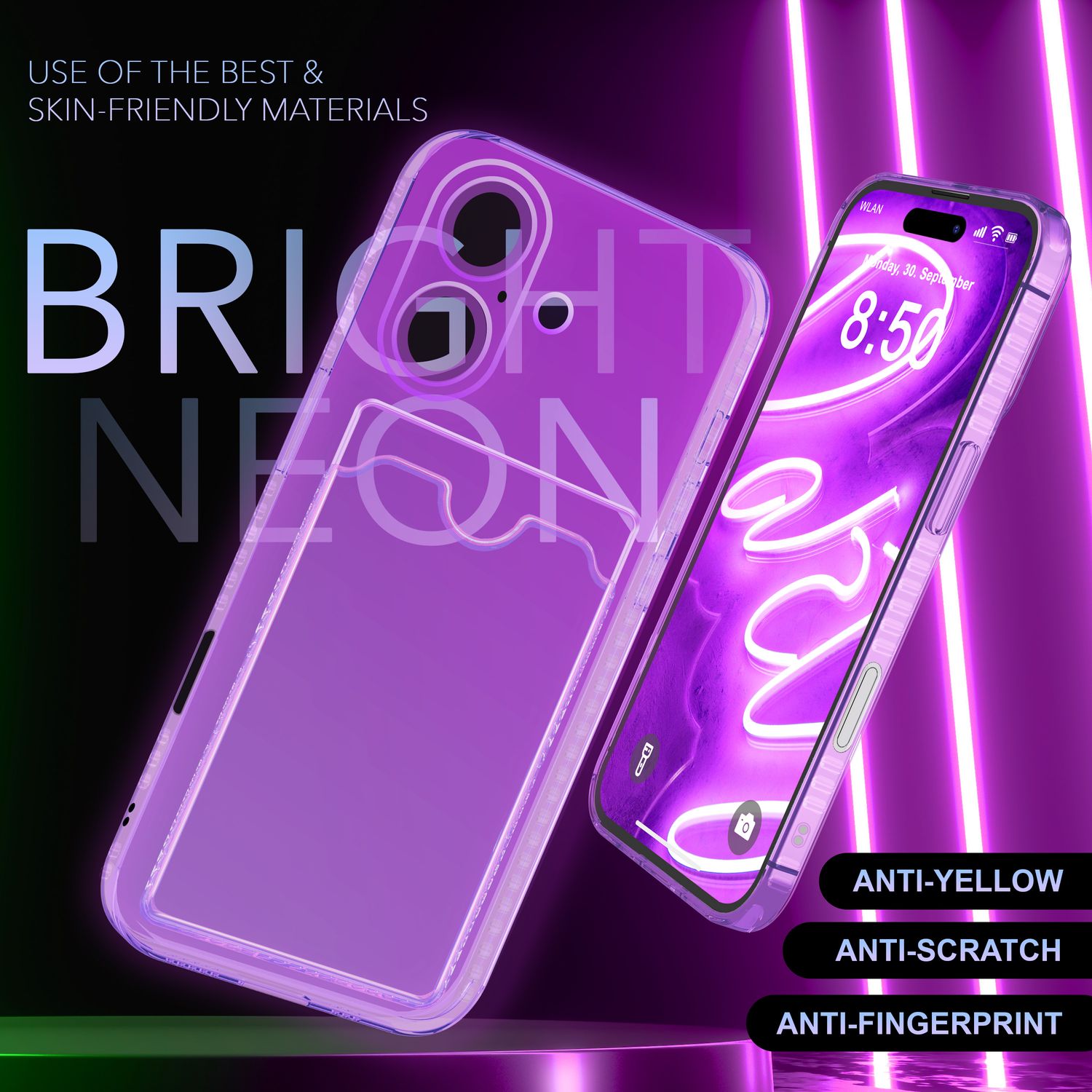 NALIA Klare Neon Hülle mit Kartenhalter für iPhone 16, Bunte Handyhülle mit Kartenfach, Durchsichtiges Silikon Lila NALIA Neon Hülle