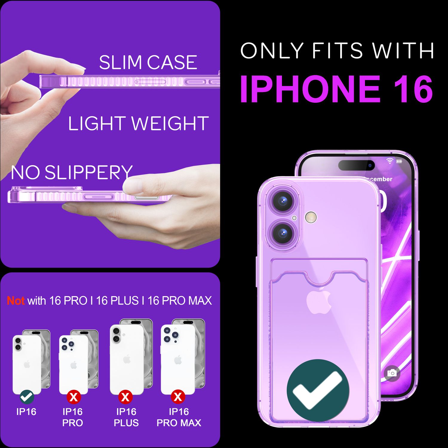 NALIA Klare Neon Hülle mit Kartenhalter für iPhone 16, Bunte Handyhülle mit Kartenfach, Durchsichtiges Silikon Lila NALIA Neon Hülle