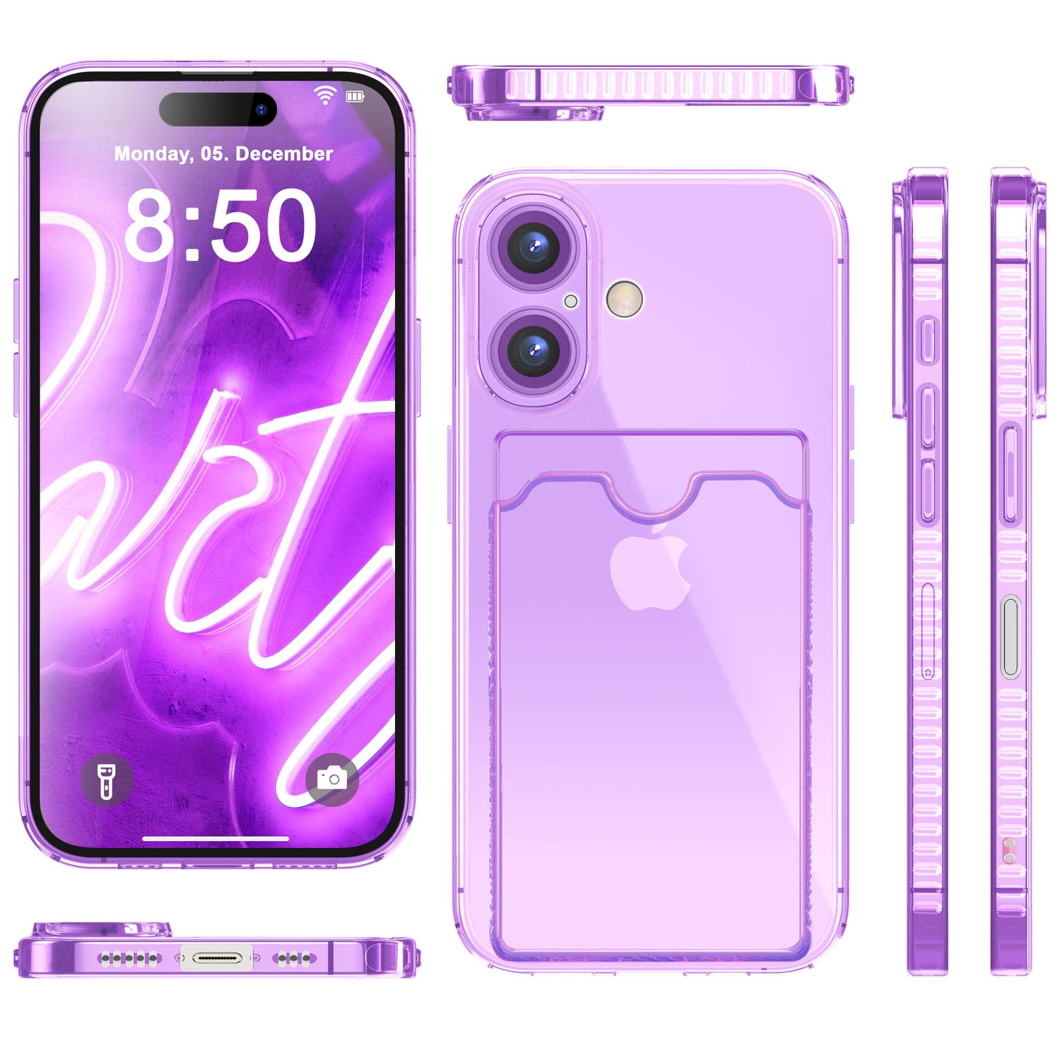 NALIA Klare Neon Hülle mit Kartenhalter für iPhone 16, Bunte Handyhülle mit Kartenfach, Durchsichtiges Silikon Lila NALIA Neon Hülle