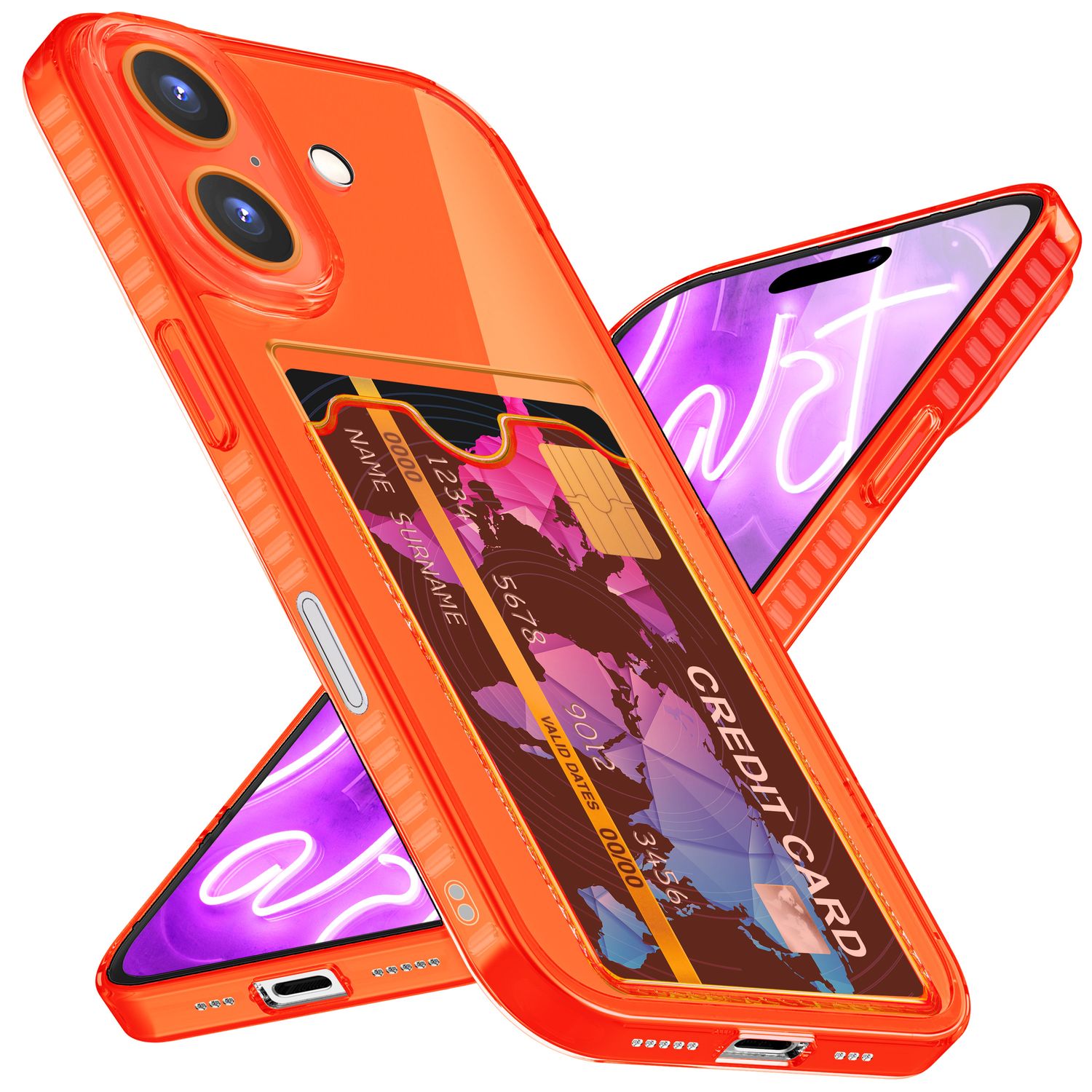 NALIA Klare Neon Hülle mit Kartenhalter für iPhone 16, Bunte Handyhülle mit Kartenfach, Durchsichtiges Silikon Orange NALIA Neon Hülle