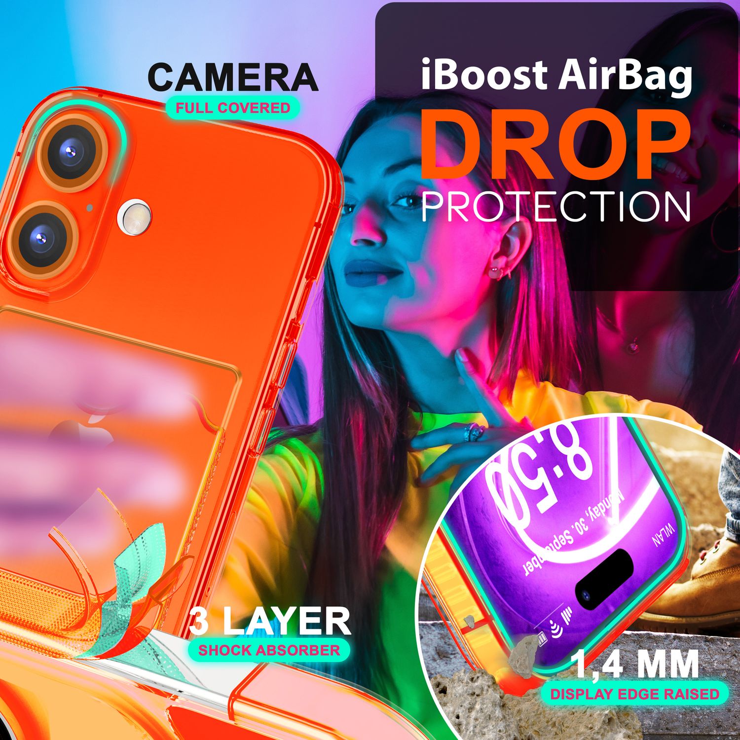 NALIA Klare Neon Hülle mit Kartenhalter für iPhone 16, Bunte Handyhülle mit Kartenfach, Durchsichtiges Silikon Orange NALIA Neon Hülle