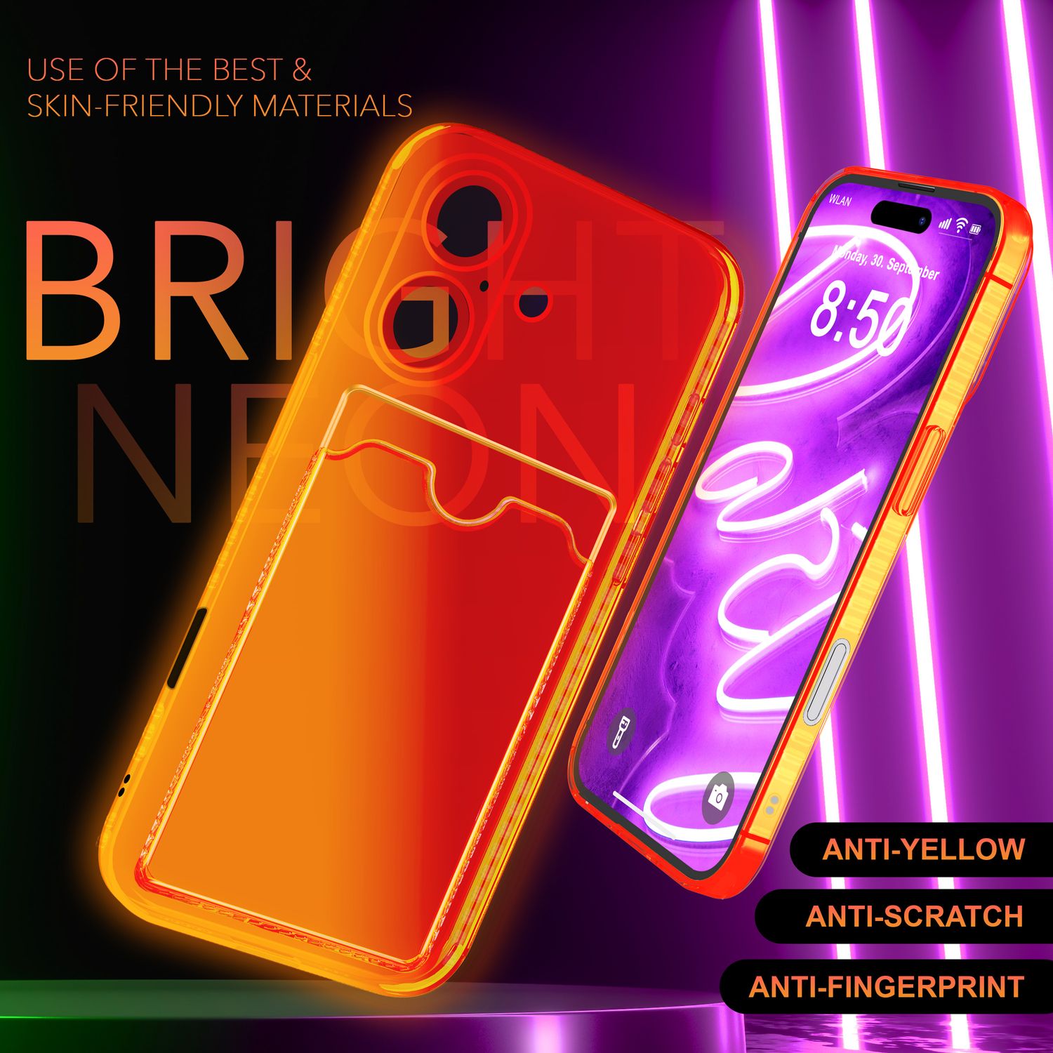 NALIA Klare Neon Hülle mit Kartenhalter für iPhone 16, Bunte Handyhülle mit Kartenfach, Durchsichtiges Silikon Orange NALIA Neon Hülle