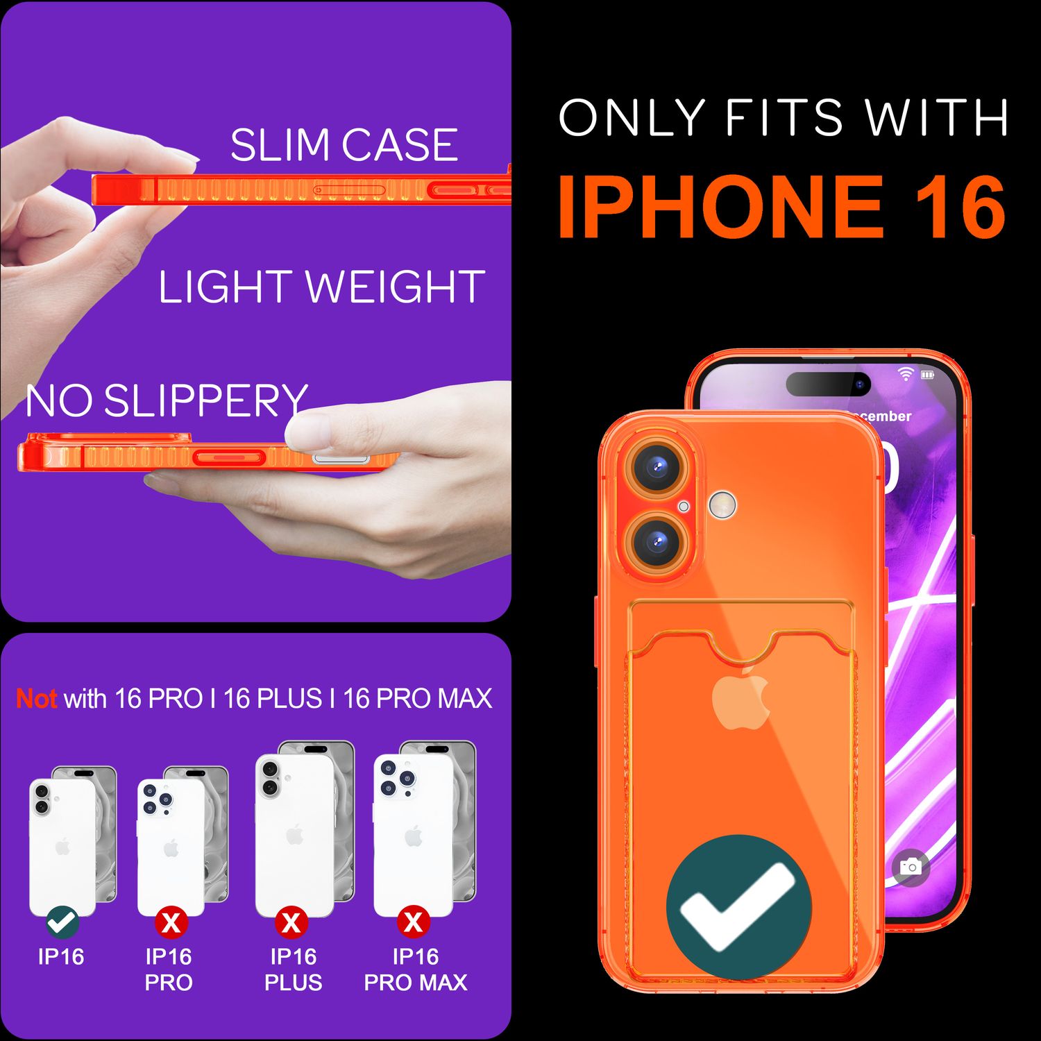 NALIA Klare Neon Hülle mit Kartenhalter für iPhone 16, Bunte Handyhülle mit Kartenfach, Durchsichtiges Silikon Orange NALIA Neon Hülle