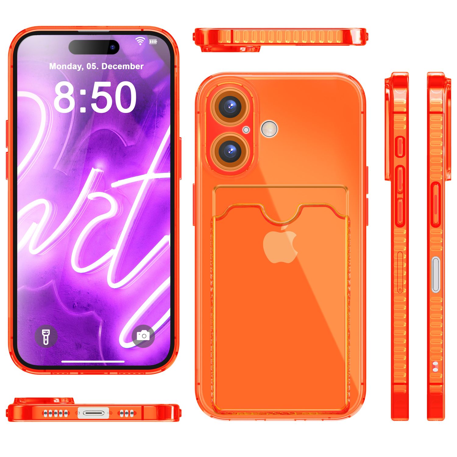 NALIA Klare Neon Hülle mit Kartenhalter für iPhone 16, Bunte Handyhülle mit Kartenfach, Durchsichtiges Silikon Orange NALIA Neon Hülle
