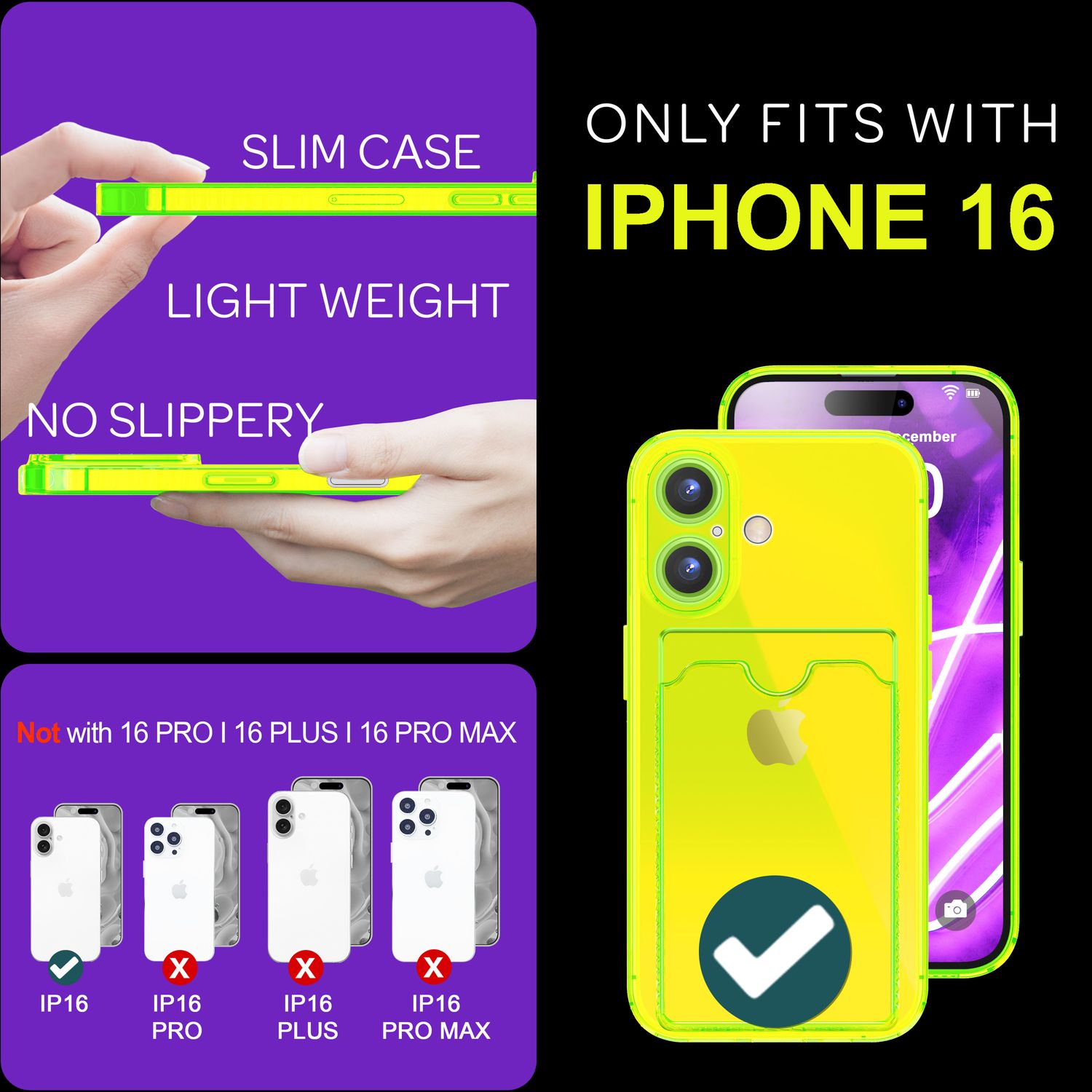 NALIA Klare Neon Hülle mit Kartenhalter für iPhone 16, Bunte Handyhülle mit Kartenfach, Durchsichtiges Silikon Gelb NALIA Neon Hülle