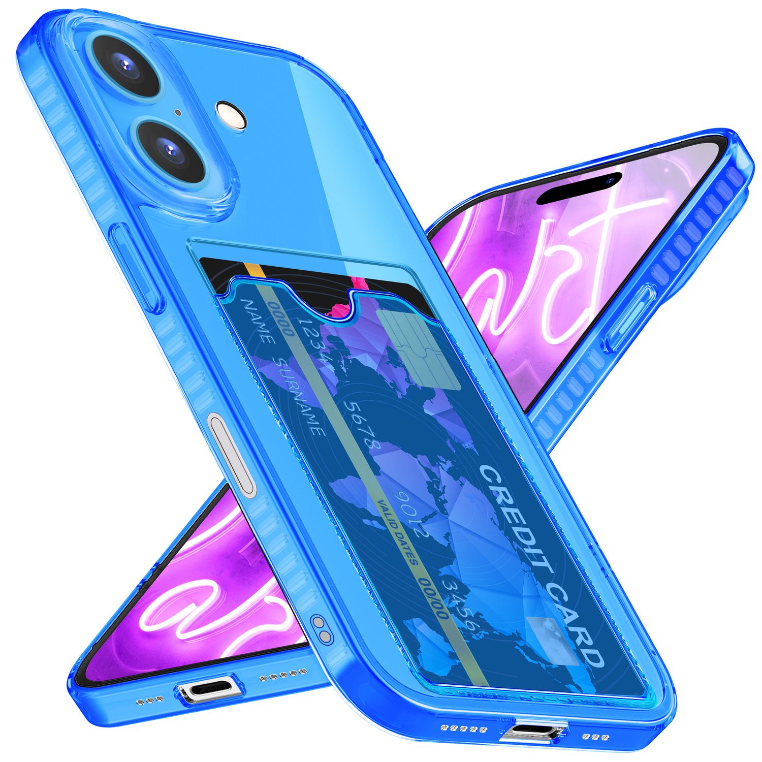 NALIA Klare Neon Hülle mit Kartenhalter für iPhone 16 Plus, Bunte Handyhülle mit Kartenfach, Silikon Durchsichtig Blau NALIA Transparente Hülle