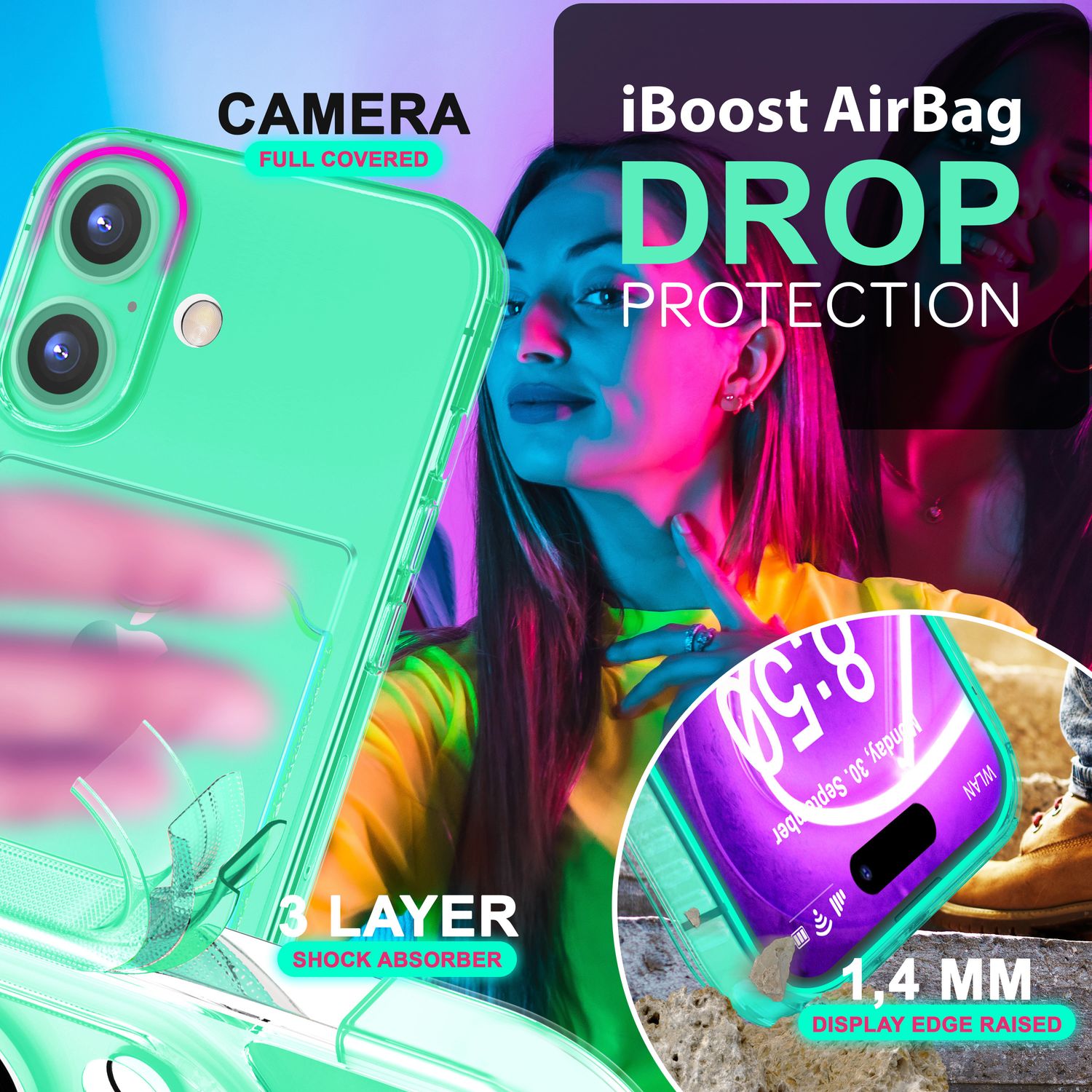 NALIA Klare Neon Hülle mit Kartenhalter für iPhone 16 Plus, Bunte Handyhülle mit Kartenfach, Silikon Durchsichtig Türkis NALIA Transparente Hülle