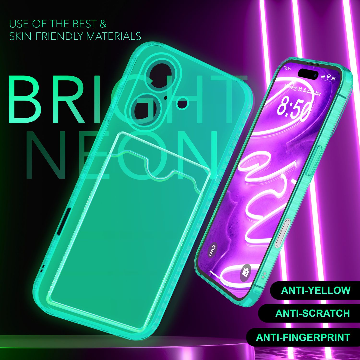 NALIA Klare Neon Hülle mit Kartenhalter für iPhone 16 Plus, Bunte Handyhülle mit Kartenfach, Silikon Durchsichtig Türkis NALIA Transparente Hülle