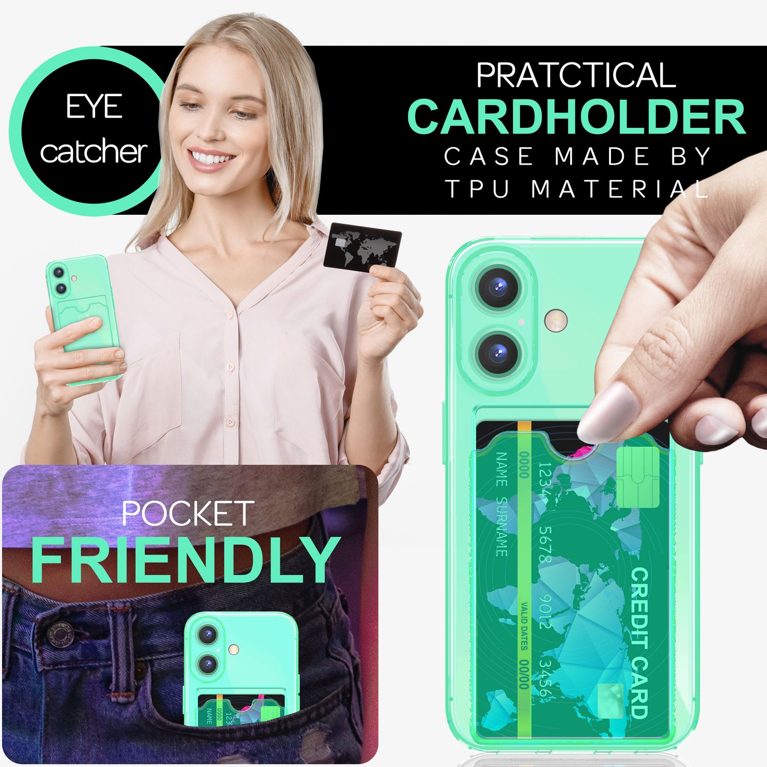 NALIA Klare Neon Hülle mit Kartenhalter für iPhone 16 Plus, Bunte Handyhülle mit Kartenfach, Silikon Durchsichtig Türkis NALIA Transparente Hülle