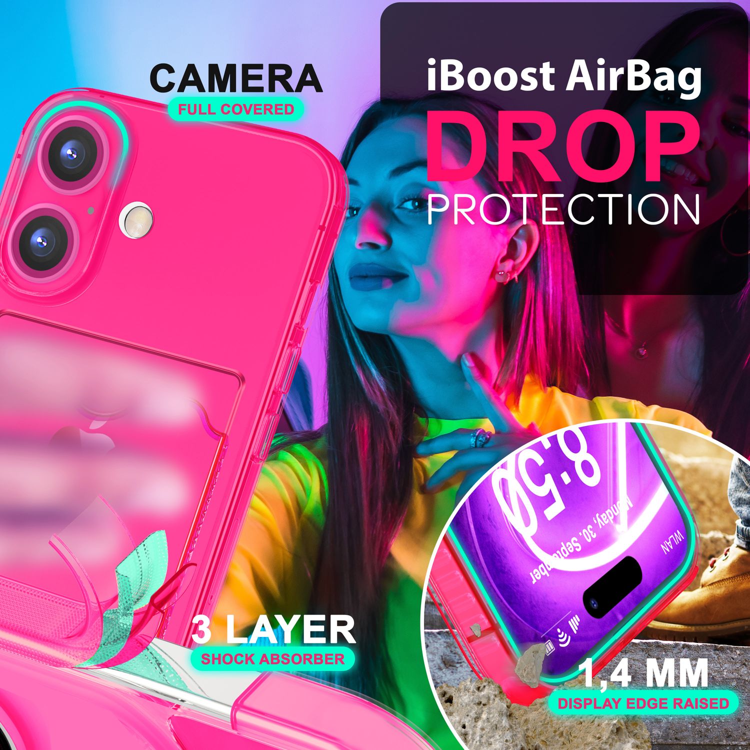 NALIA Klare Neon Hülle mit Kartenhalter für iPhone 16 Plus, Bunte Handyhülle mit Kartenfach, Silikon Durchsichtig Pink NALIA Transparente Hülle