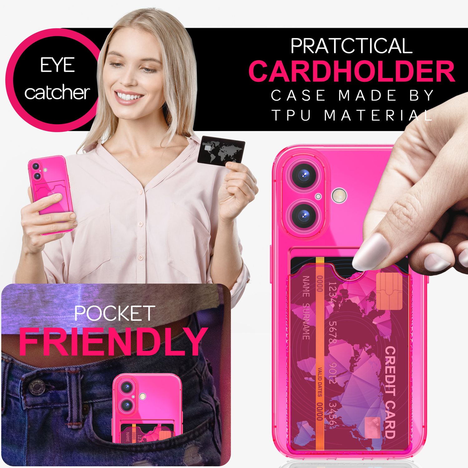 NALIA Klare Neon Hülle mit Kartenhalter für iPhone 16 Plus, Bunte Handyhülle mit Kartenfach, Silikon Durchsichtig Pink NALIA Transparente Hülle