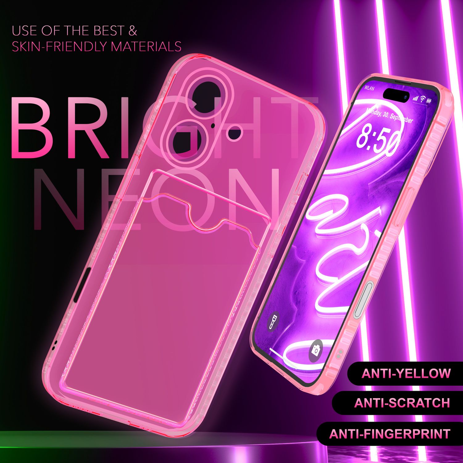 NALIA Klare Neon Hülle mit Kartenhalter für iPhone 16 Plus, Bunte Handyhülle mit Kartenfach, Silikon Durchsichtig Rosa NALIA Transparente Hülle