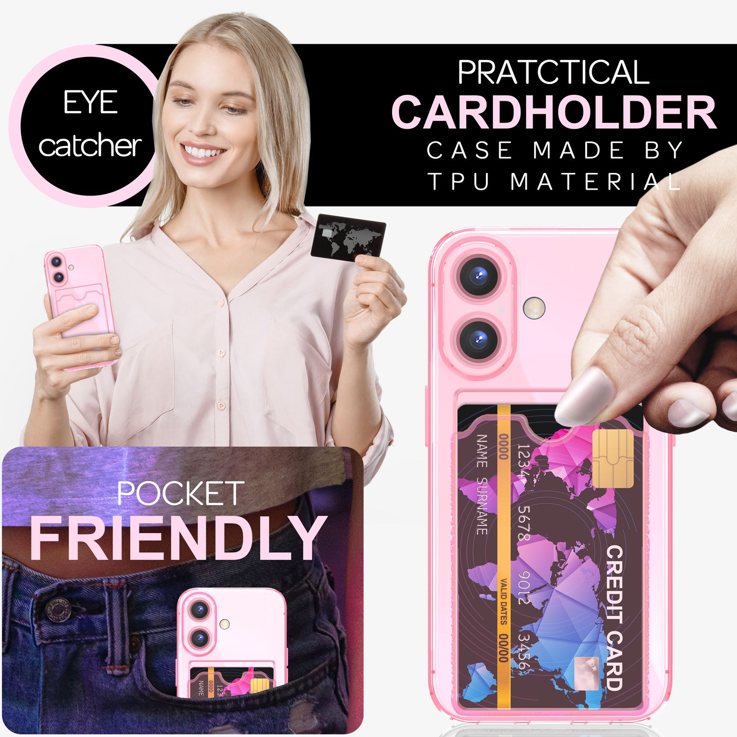 NALIA Klare Neon Hülle mit Kartenhalter für iPhone 16 Plus, Bunte Handyhülle mit Kartenfach, Silikon Durchsichtig Rosa NALIA Transparente Hülle