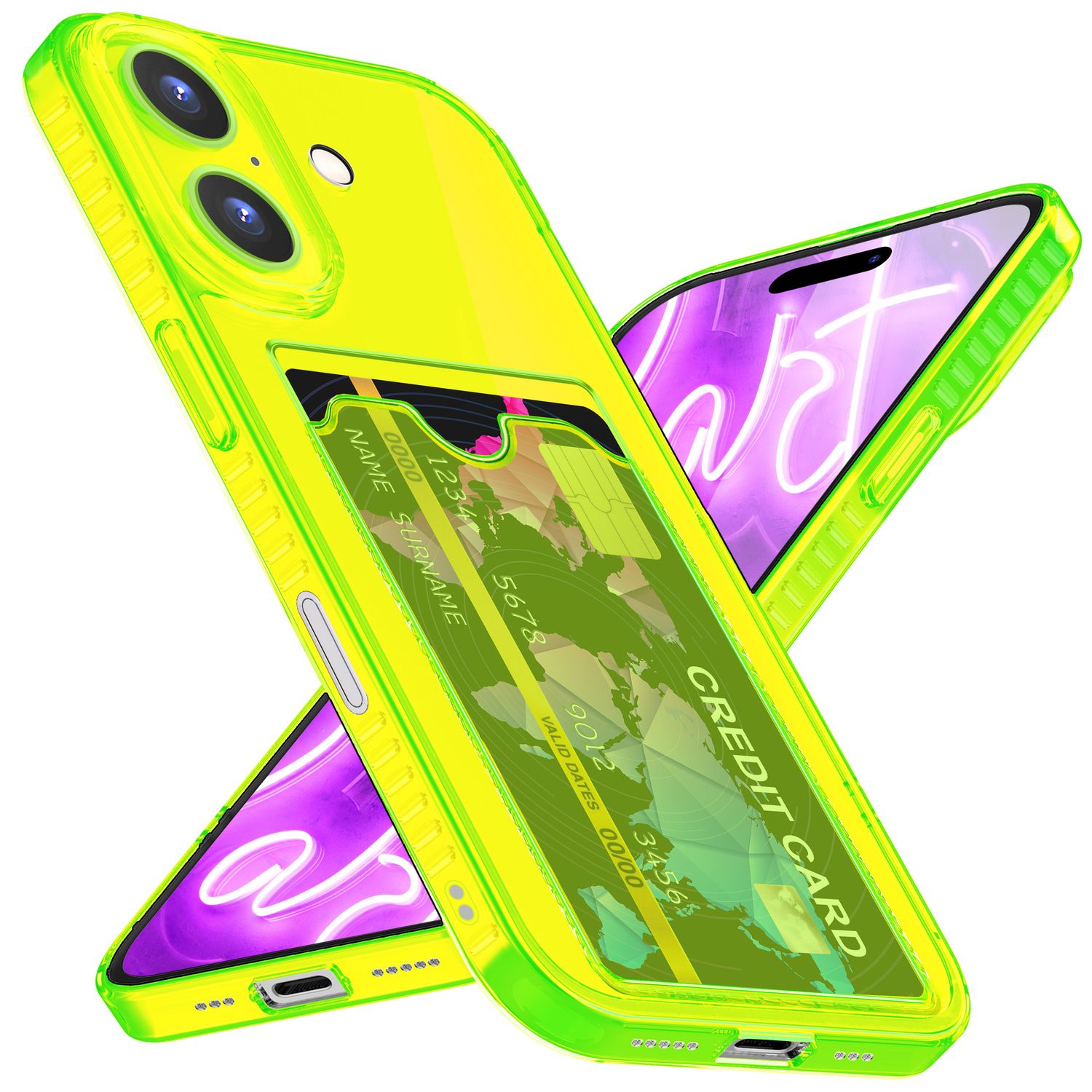 NALIA Klare Neon Hülle mit Kartenhalter für iPhone 16 Plus, Bunte Handyhülle mit Kartenfach, Silikon Durchsichtig Gelb NALIA Transparente Hülle