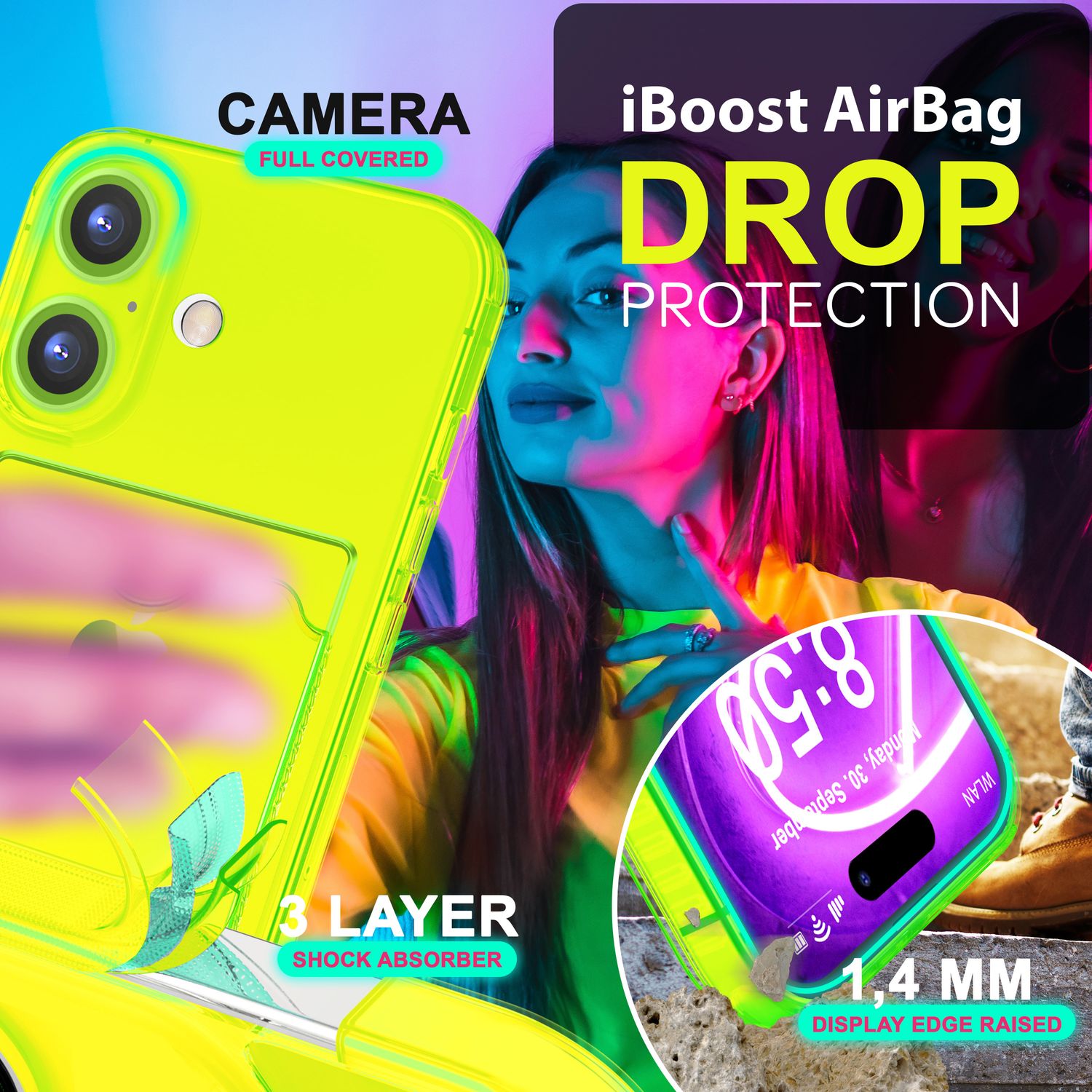 NALIA Klare Neon Hülle mit Kartenhalter für iPhone 16 Plus, Bunte Handyhülle mit Kartenfach, Silikon Durchsichtig Gelb NALIA Transparente Hülle