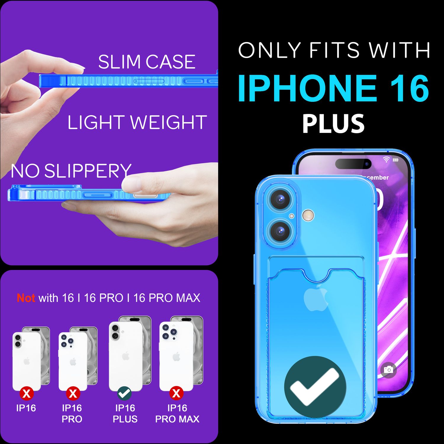 NALIA Klare Neon Hülle mit Kartenhalter für iPhone 16 Plus, Bunte Handyhülle mit Kartenfach, Silikon Durchsichtig Blau NALIA Transparente Hülle