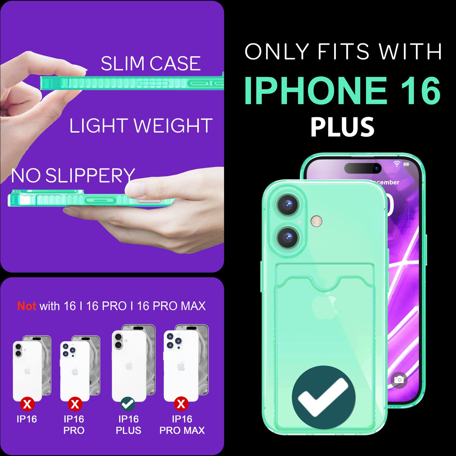 NALIA Klare Neon Hülle mit Kartenhalter für iPhone 16 Plus, Bunte Handyhülle mit Kartenfach, Silikon Durchsichtig Türkis NALIA Transparente Hülle