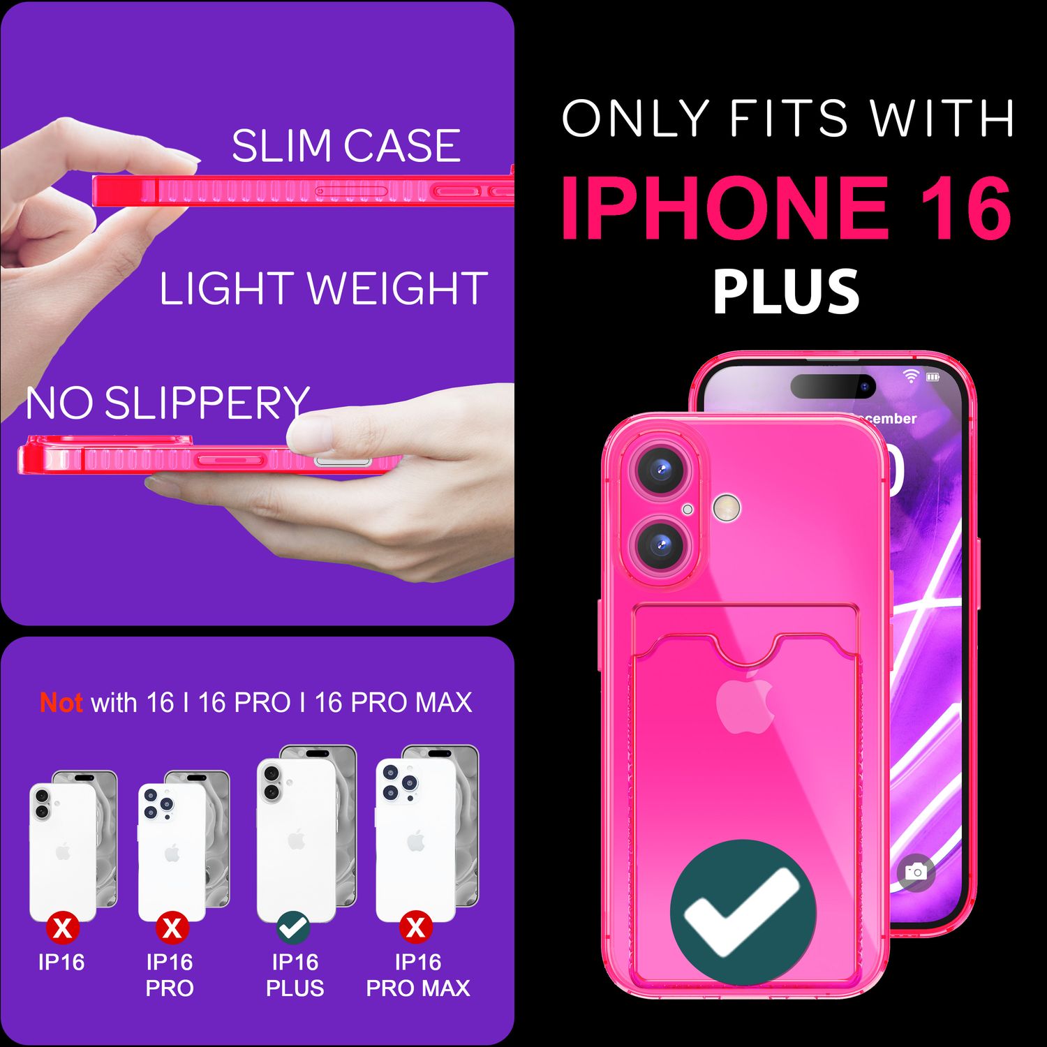 NALIA Klare Neon Hülle mit Kartenhalter für iPhone 16 Plus, Bunte Handyhülle mit Kartenfach, Silikon Durchsichtig Pink NALIA Transparente Hülle