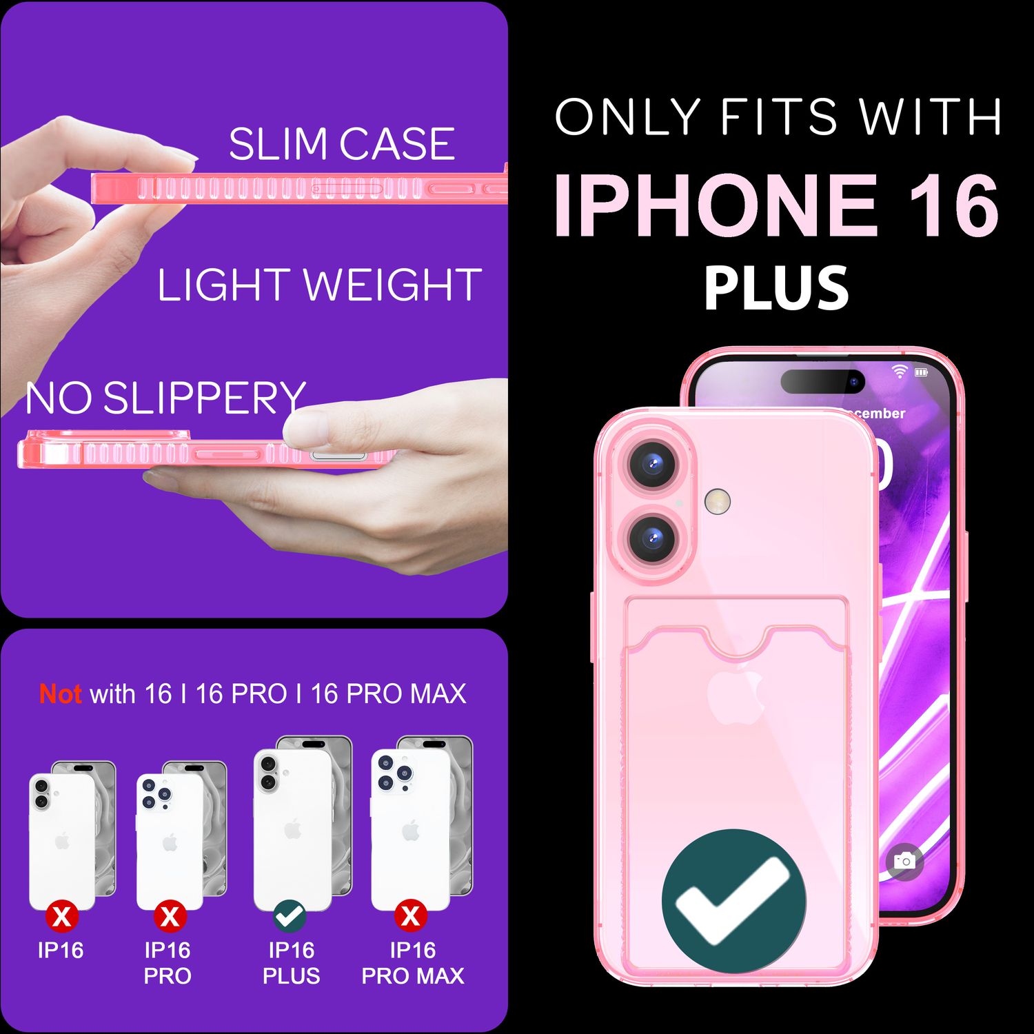 NALIA Klare Neon Hülle mit Kartenhalter für iPhone 16 Plus, Bunte Handyhülle mit Kartenfach, Silikon Durchsichtig Rosa NALIA Transparente Hülle