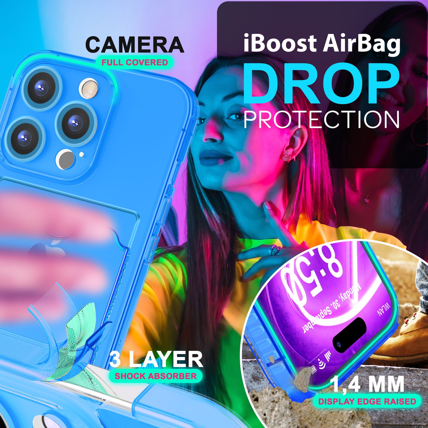 NALIA Klare Neon Hülle mit Kartenhalter für iPhone 16 Pro, Bunte Handyhülle mit Kartenfach, Silikon Durchsichtig Blau NALIA Neon Hülle