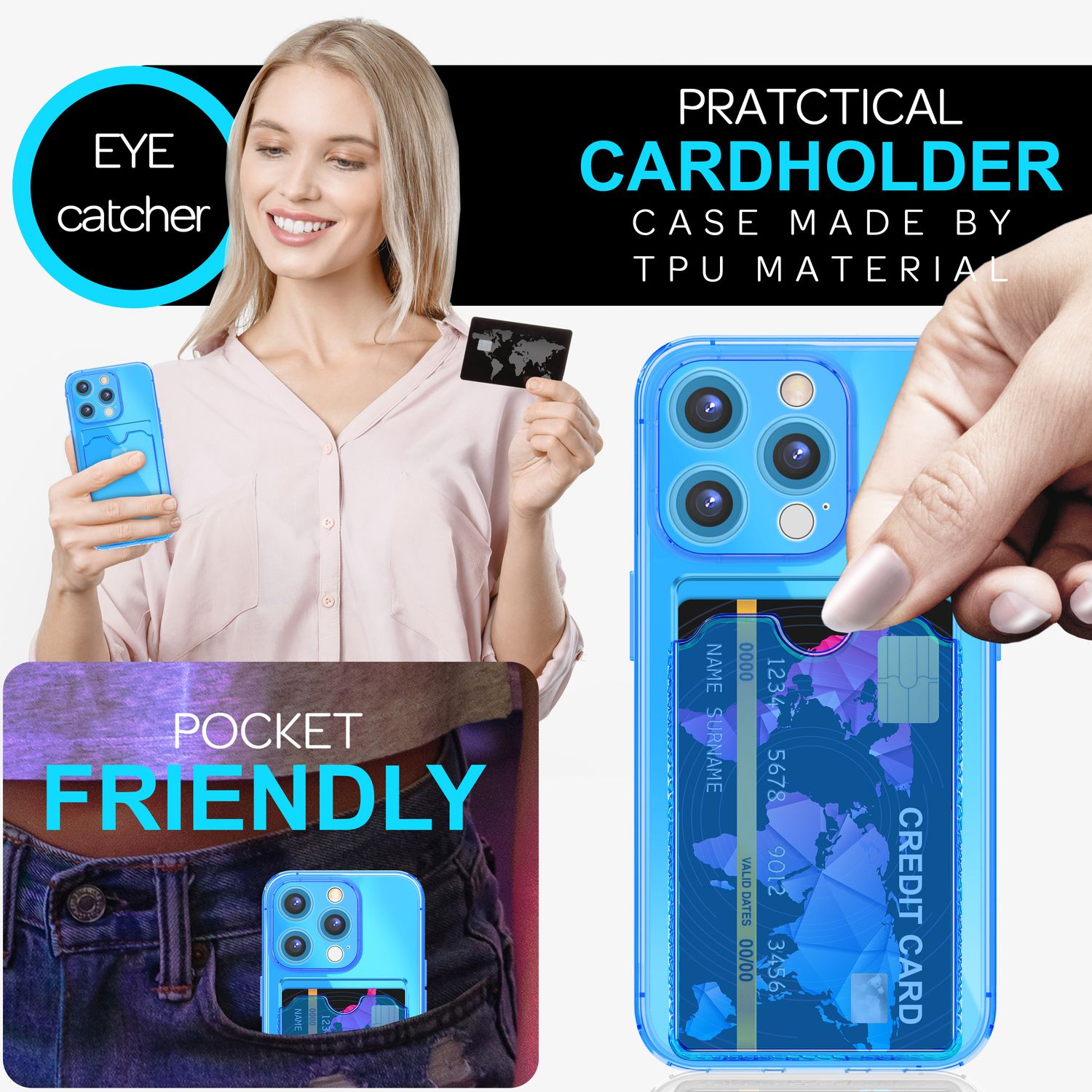 NALIA Klare Neon Hülle mit Kartenhalter für iPhone 16 Pro, Bunte Handyhülle mit Kartenfach, Silikon Durchsichtig Blau NALIA Neon Hülle