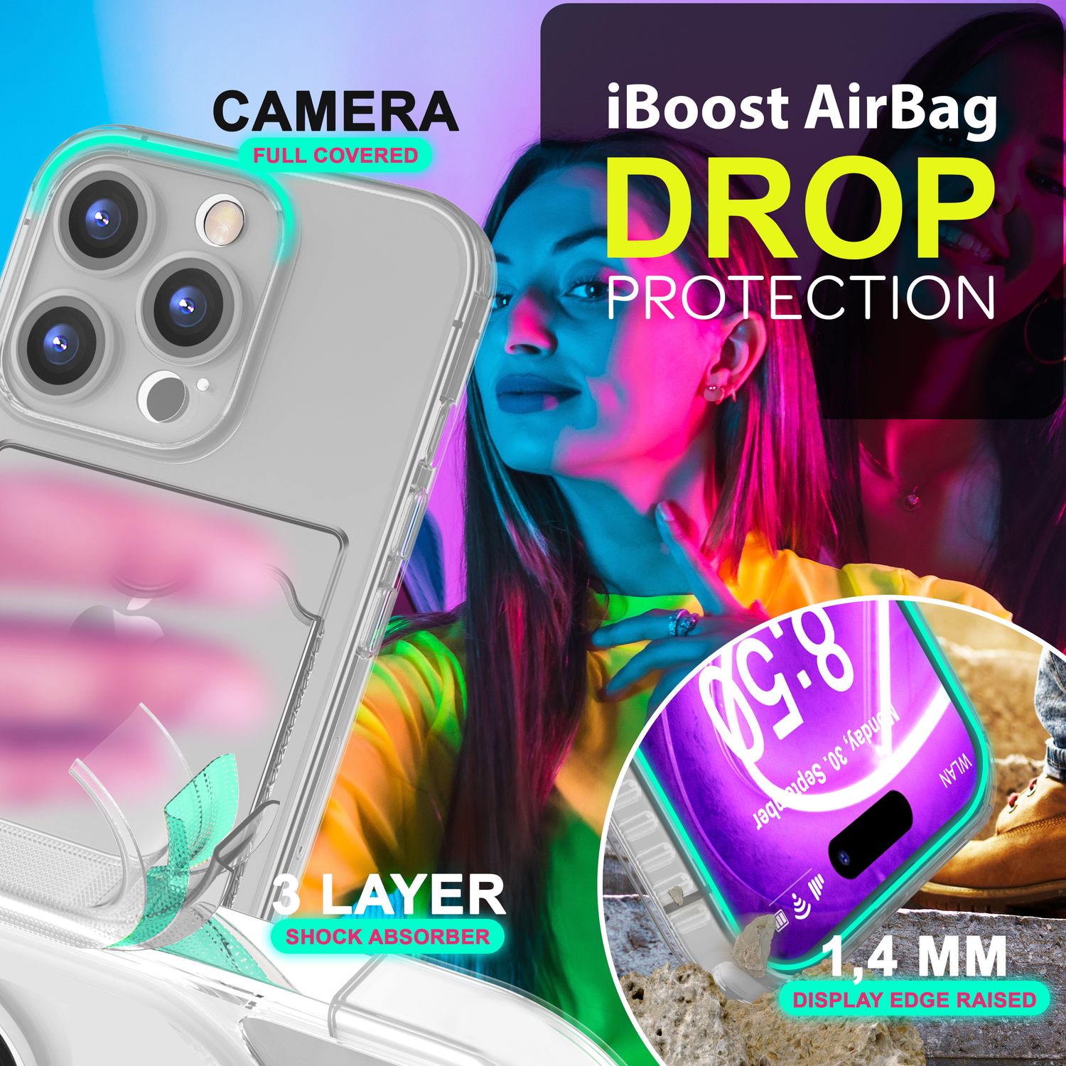 NALIA Klare Neon Hülle mit Kartenhalter für iPhone 16 Pro, Bunte Handyhülle mit Kartenfach, Silikon Durchsichtig Grau NALIA Neon Hülle