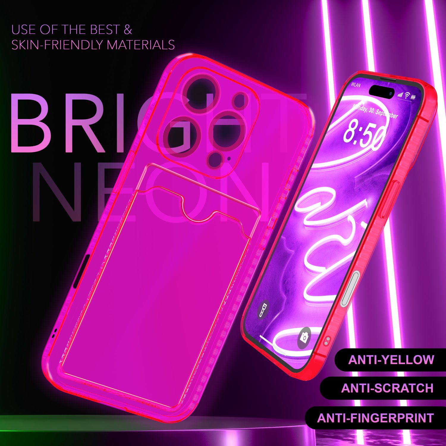 NALIA Klare Neon Hülle mit Kartenhalter für iPhone 16 Pro, Bunte Handyhülle mit Kartenfach, Silikon Durchsichtig Pink NALIA Neon Hülle