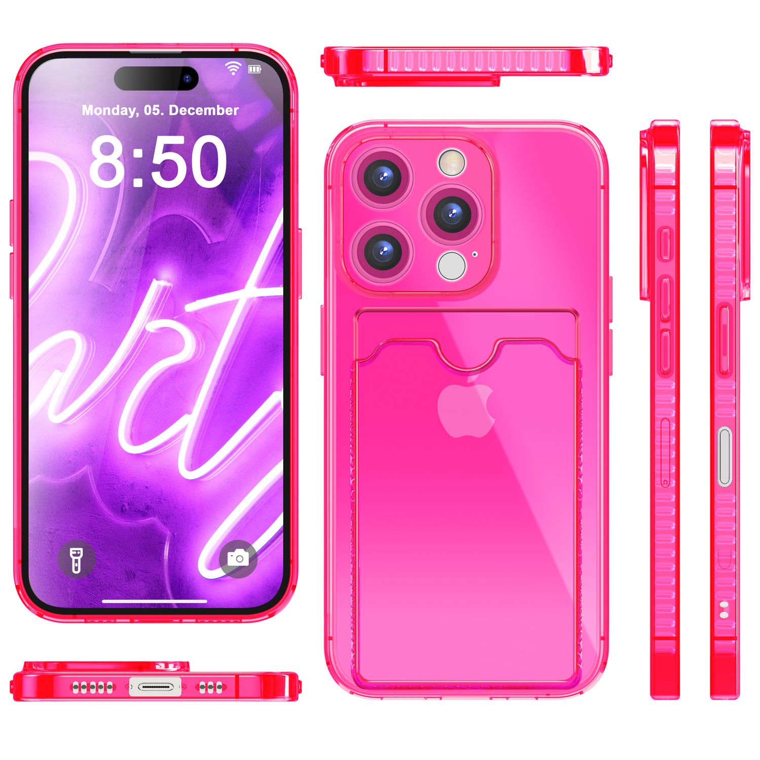 NALIA Klare Neon Hülle mit Kartenhalter für iPhone 16 Pro, Bunte Handyhülle mit Kartenfach, Silikon Durchsichtig Pink NALIA Neon Hülle