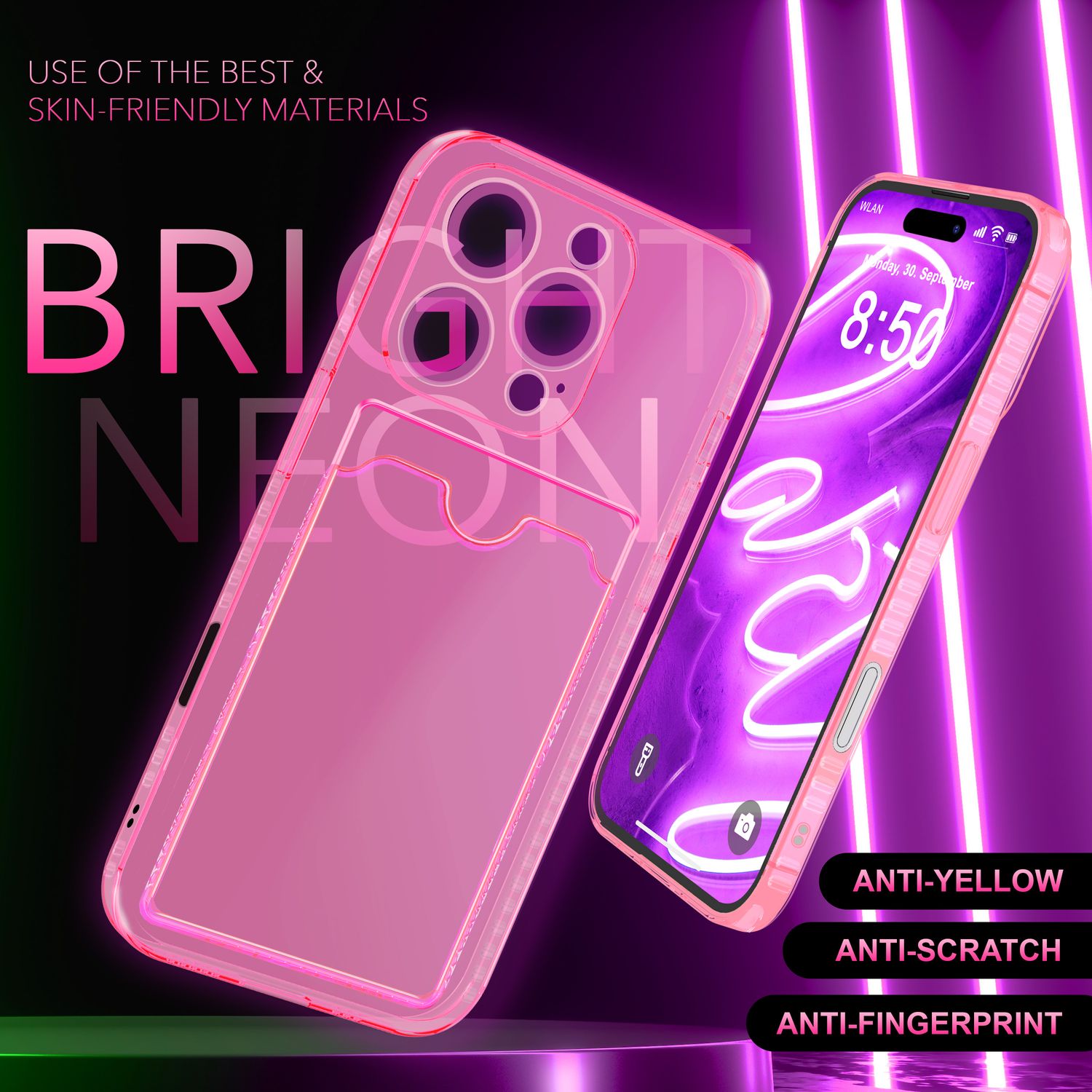 NALIA Klare Neon Hülle mit Kartenhalter für iPhone 16 Pro, Bunte Handyhülle mit Kartenfach, Silikon Durchsichtig Rosa NALIA Neon Hülle