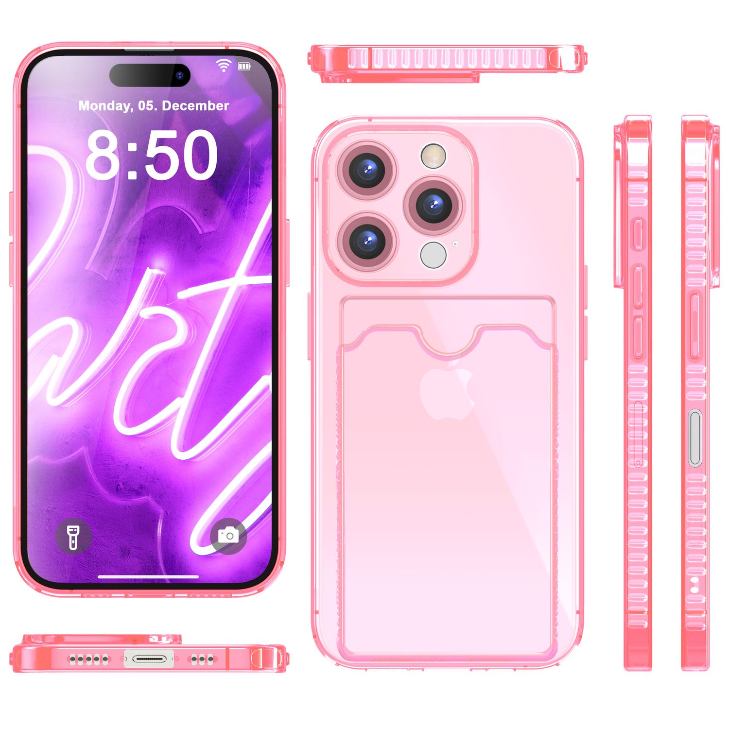 NALIA Klare Neon Hülle mit Kartenhalter für iPhone 16 Pro, Bunte Handyhülle mit Kartenfach, Silikon Durchsichtig Rosa NALIA Neon Hülle