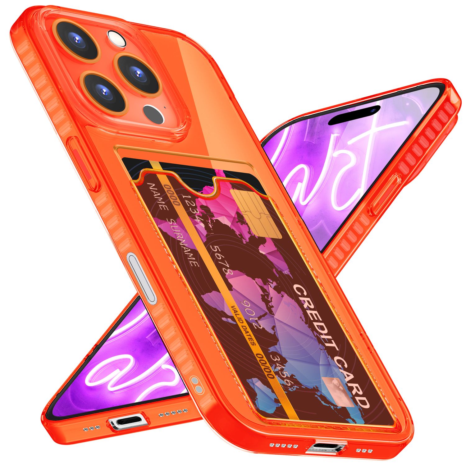 NALIA Klare Neon Hülle mit Kartenhalter für iPhone 16 Pro, Bunte Handyhülle mit Kartenfach, Silikon Durchsichtig Orange NALIA Neon Hülle