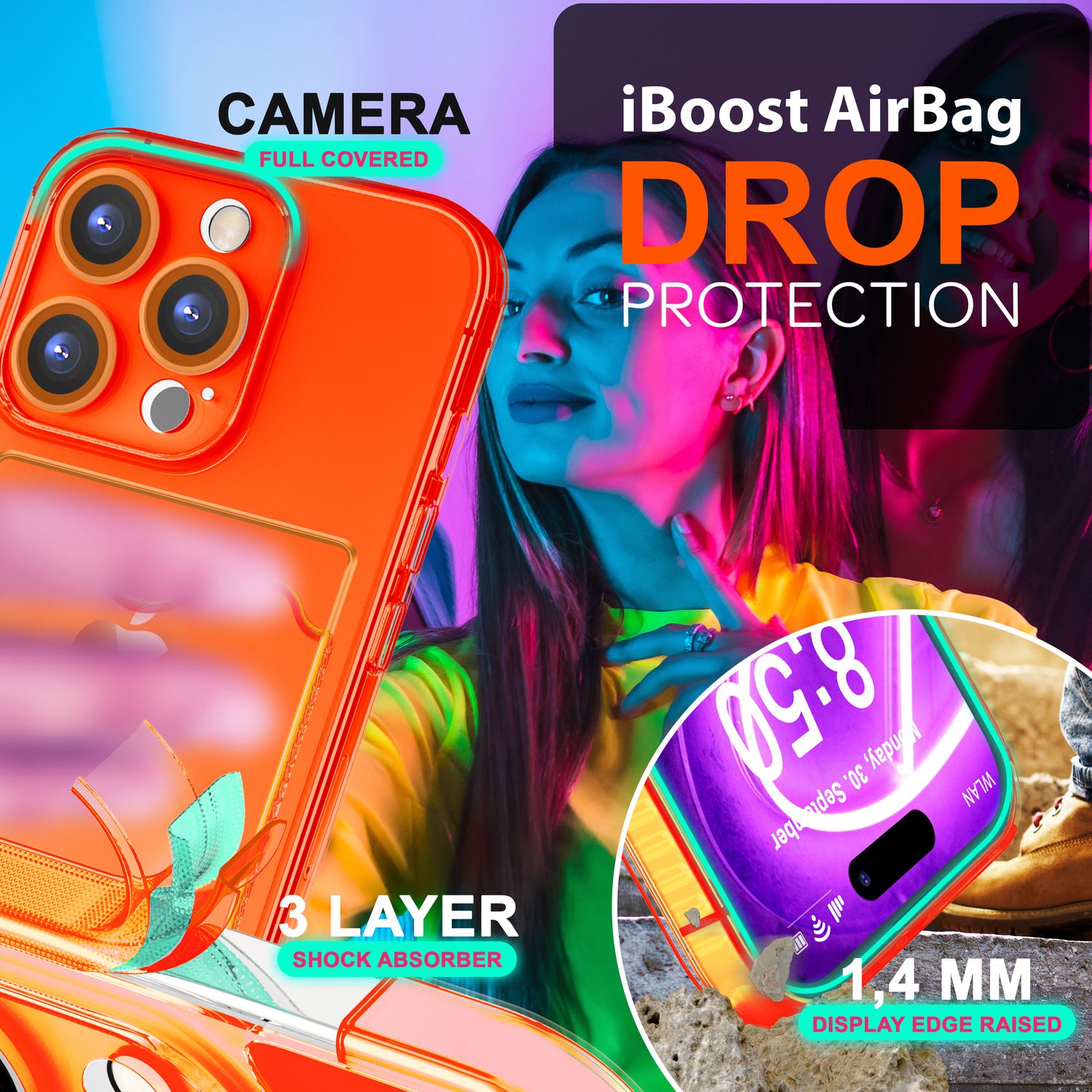 NALIA Klare Neon Hülle mit Kartenhalter für iPhone 16 Pro, Bunte Handyhülle mit Kartenfach, Silikon Durchsichtig Orange NALIA Neon Hülle