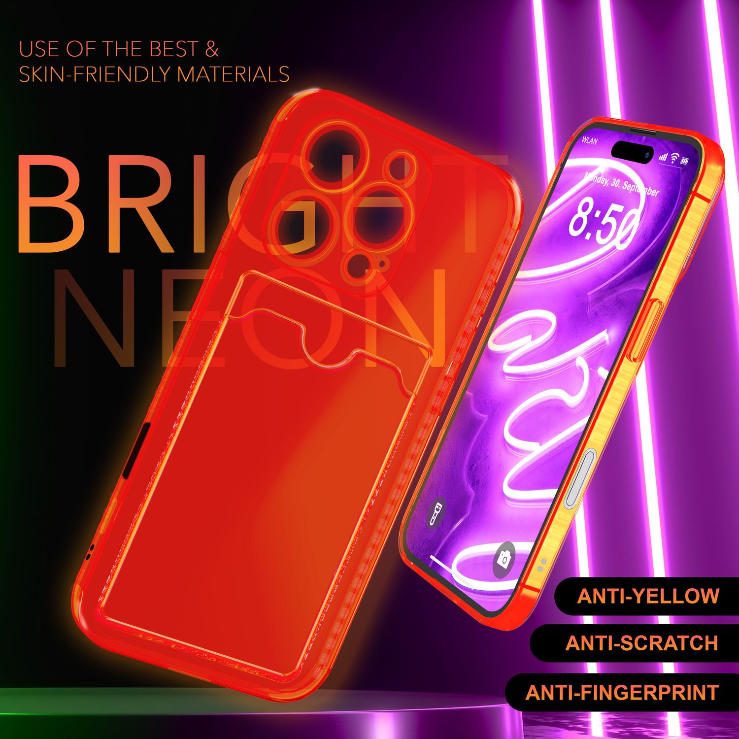 NALIA Klare Neon Hülle mit Kartenhalter für iPhone 16 Pro, Bunte Handyhülle mit Kartenfach, Silikon Durchsichtig Orange NALIA Neon Hülle