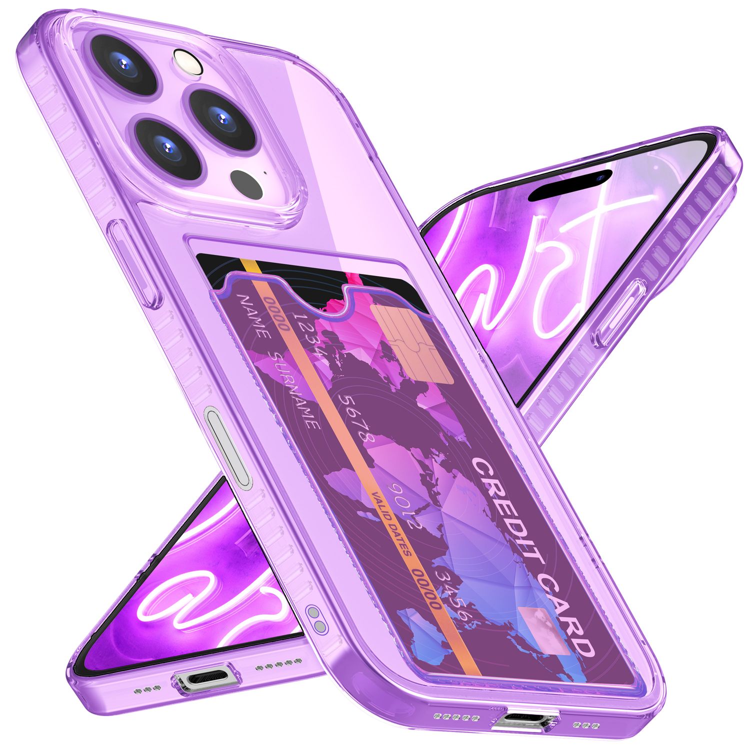 NALIA Klare Neon Hülle mit Kartenhalter für iPhone 16 Pro, Bunte Handyhülle mit Kartenfach, Silikon Durchsichtig Lila NALIA Neon Hülle