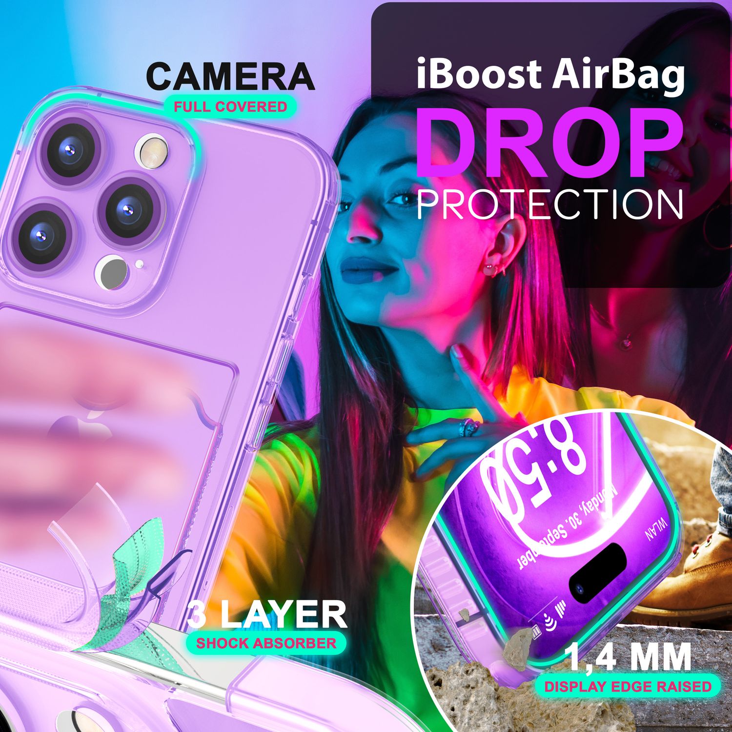 NALIA Klare Neon Hülle mit Kartenhalter für iPhone 16 Pro, Bunte Handyhülle mit Kartenfach, Silikon Durchsichtig Lila NALIA Neon Hülle