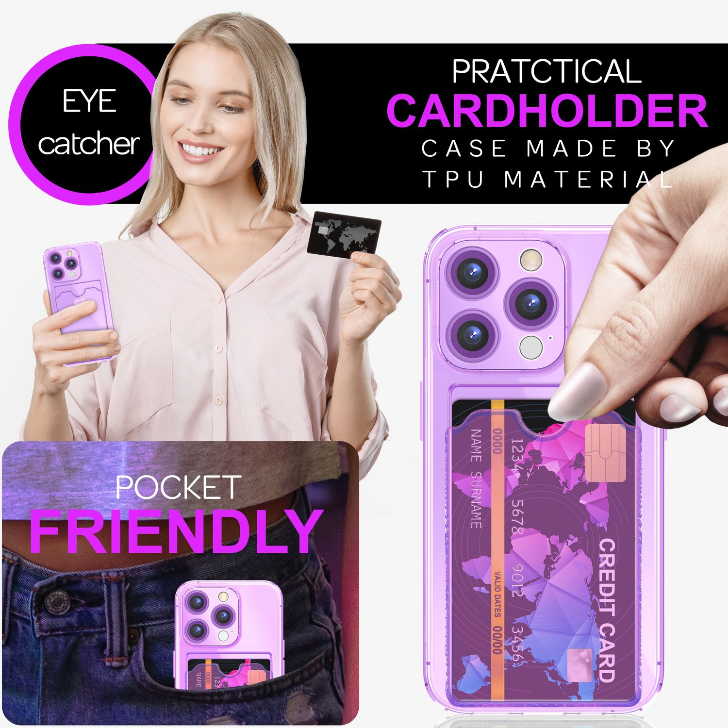 NALIA Klare Neon Hülle mit Kartenhalter für iPhone 16 Pro, Bunte Handyhülle mit Kartenfach, Silikon Durchsichtig Lila NALIA Neon Hülle