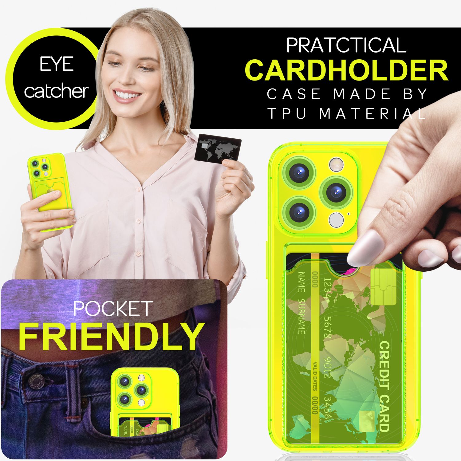 NALIA Klare Neon Hülle mit Kartenhalter für iPhone 16 Pro, Bunte Handyhülle mit Kartenfach, Silikon Durchsichtig Gelb NALIA Neon Hülle