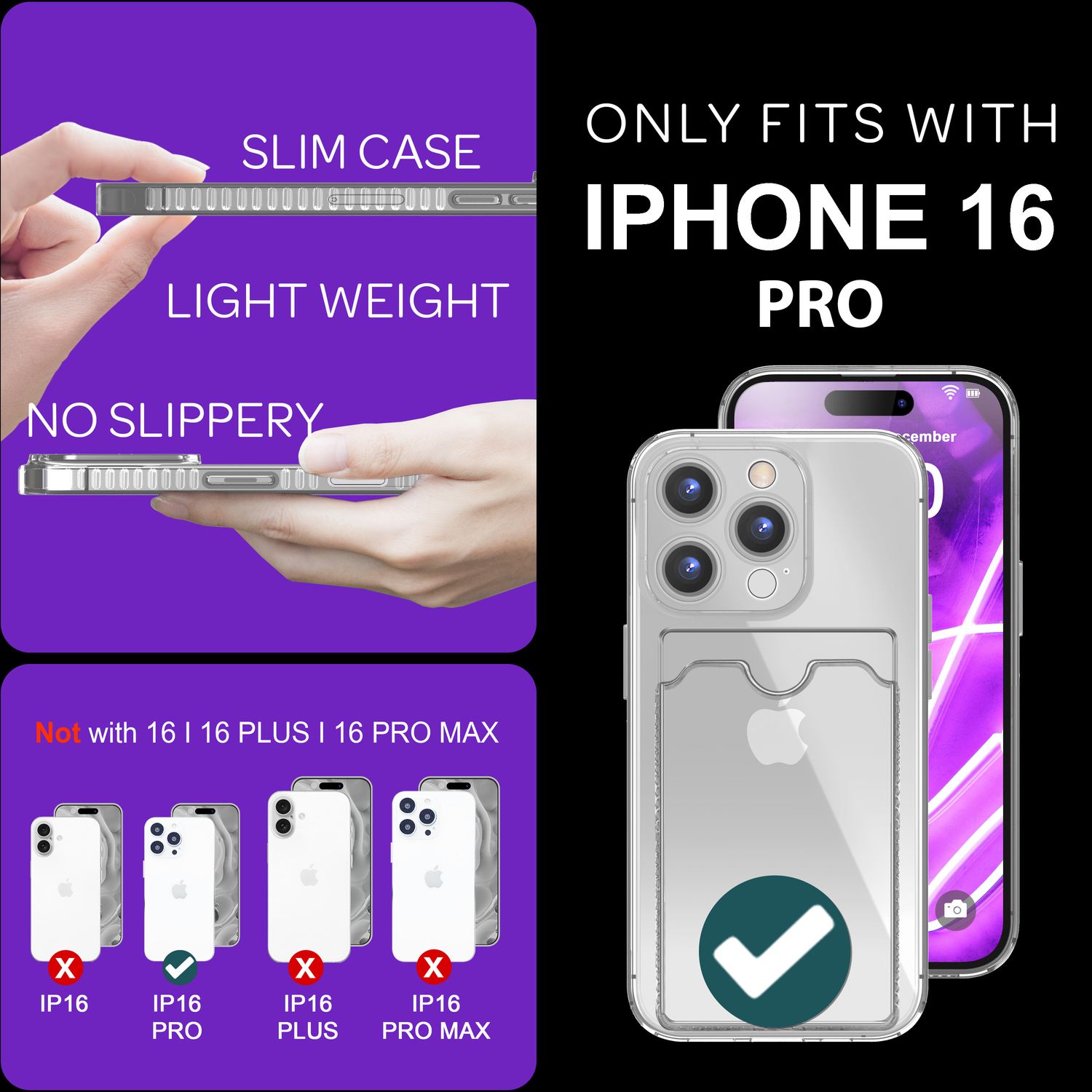 NALIA Klare Neon Hülle mit Kartenhalter für iPhone 16 Pro, Bunte Handyhülle mit Kartenfach, Silikon Durchsichtig Grau NALIA Neon Hülle