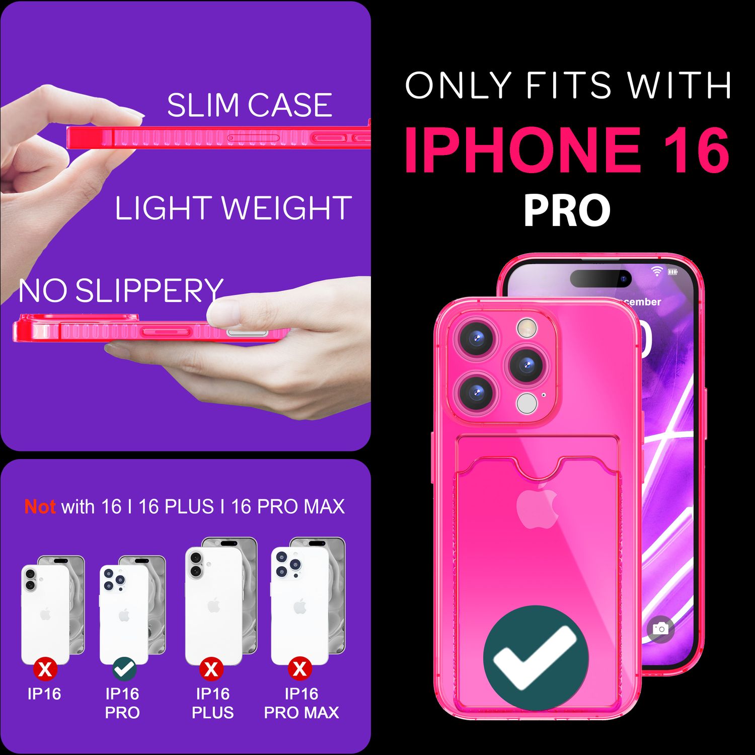 NALIA Klare Neon Hülle mit Kartenhalter für iPhone 16 Pro, Bunte Handyhülle mit Kartenfach, Silikon Durchsichtig Pink NALIA Neon Hülle